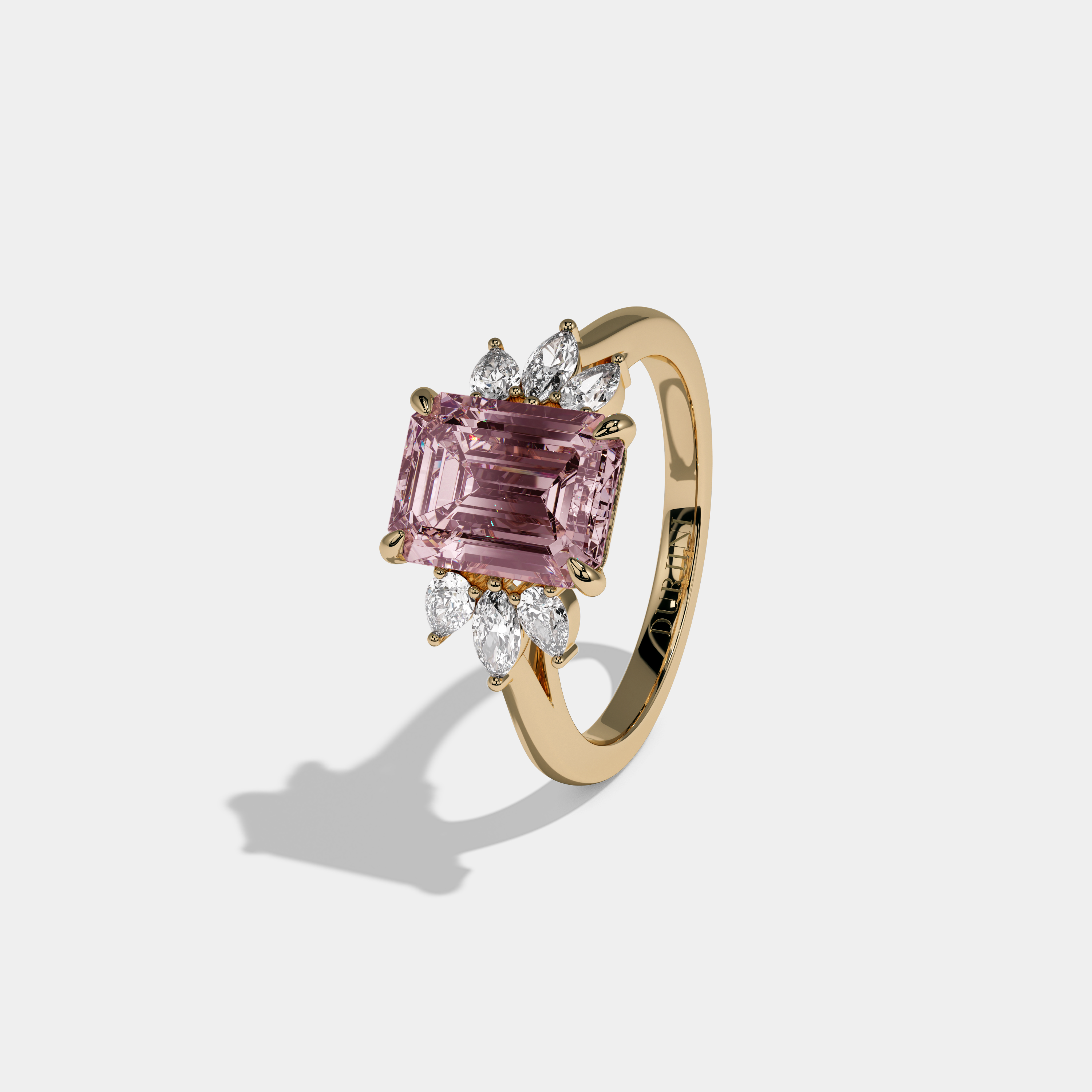 Catherine Fancy Pink Emerald Cut Diamond Plain Band With Marquise Cut Sides Engagement Ring 6ct 18K Yellow Gold