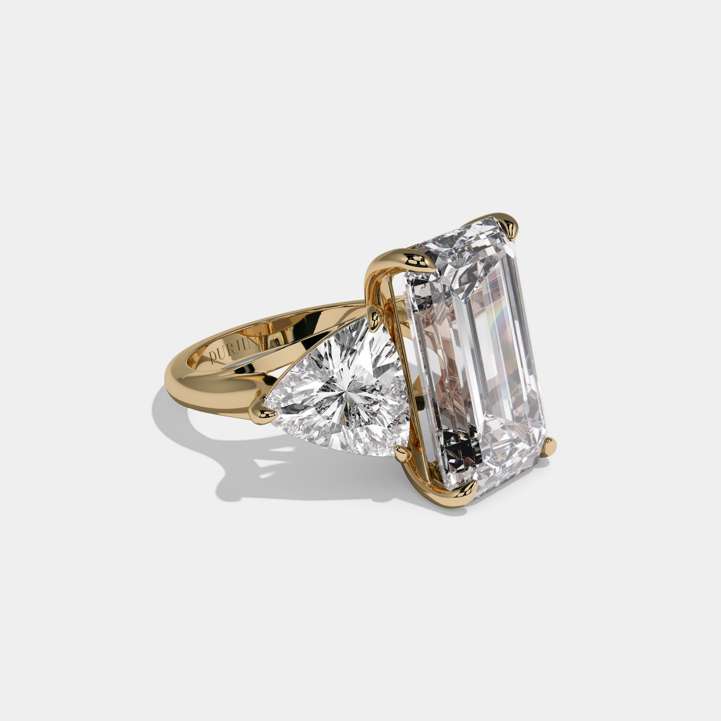 Harriet Emerald Cut Diamond Plain Band With Trillion Sides Engagement Ring 10ct 18K Yellow Gold