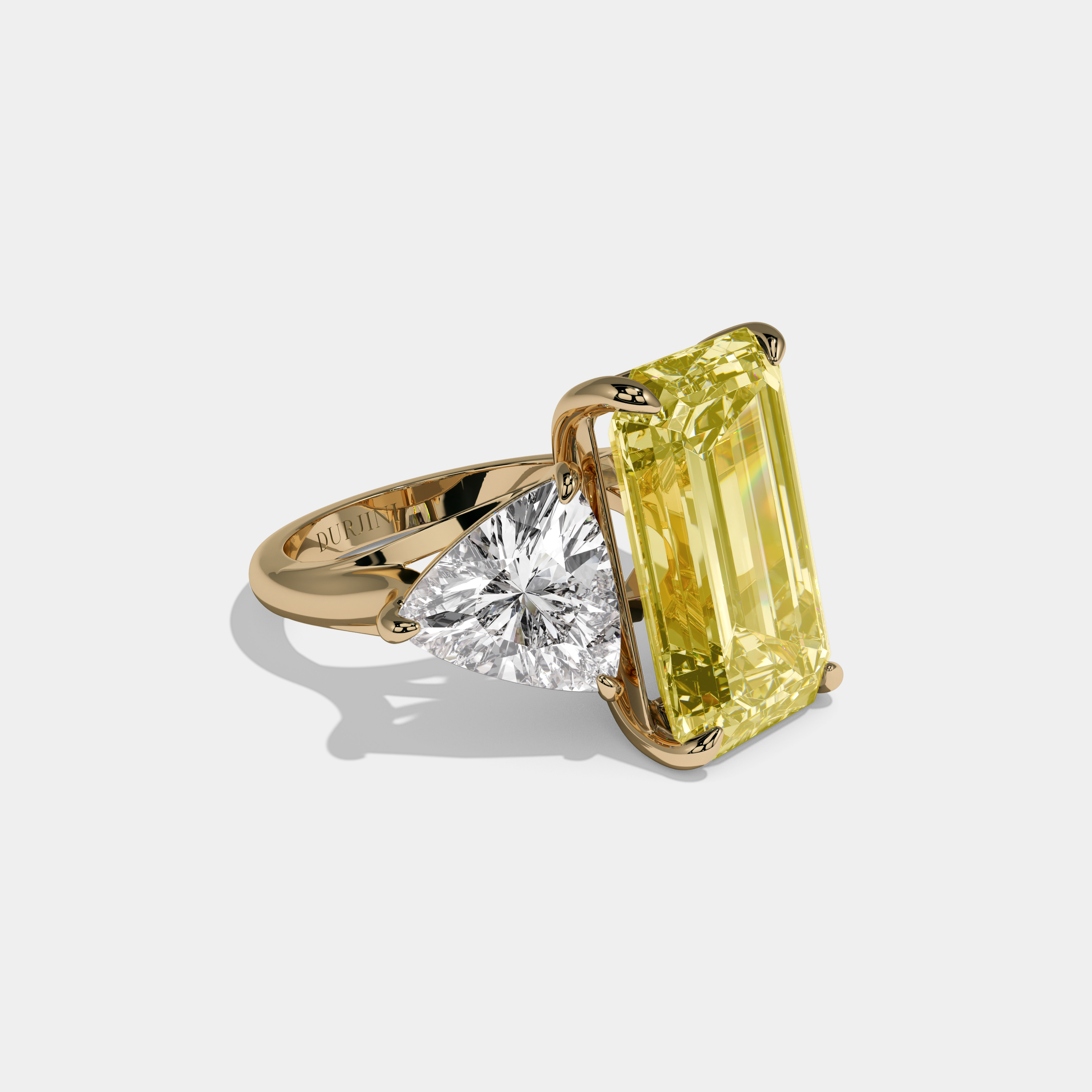 Victoria Fancy Yellow Emerald Cut Diamond Plain Band With Trillion Sides Engagement Ring 10ct 18K Yellow Gold