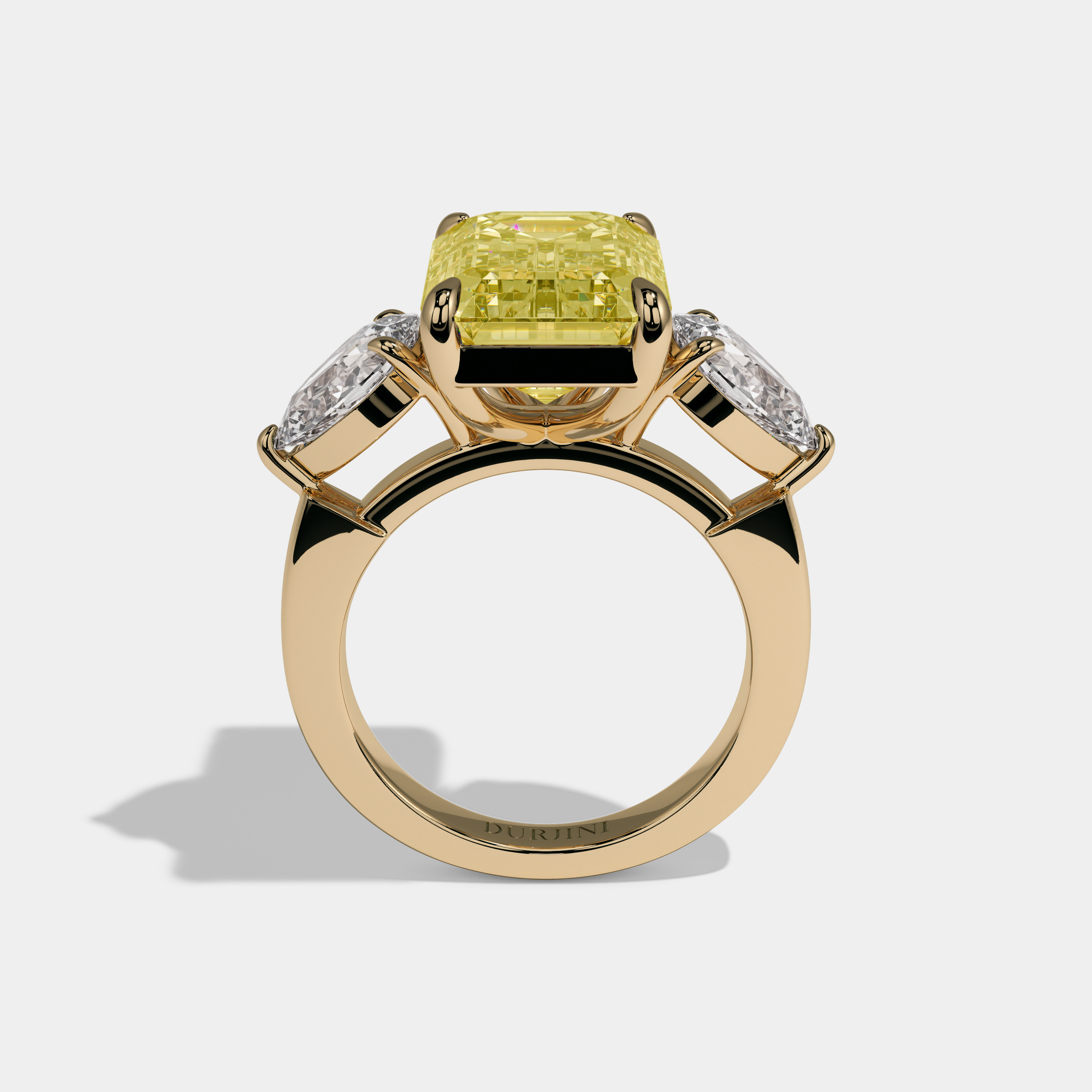 Charlotte Fancy Yellow Emerald Cut Diamond Plain Band With Pear Sides Engagement Ring 8ct 18K Yellow Gold