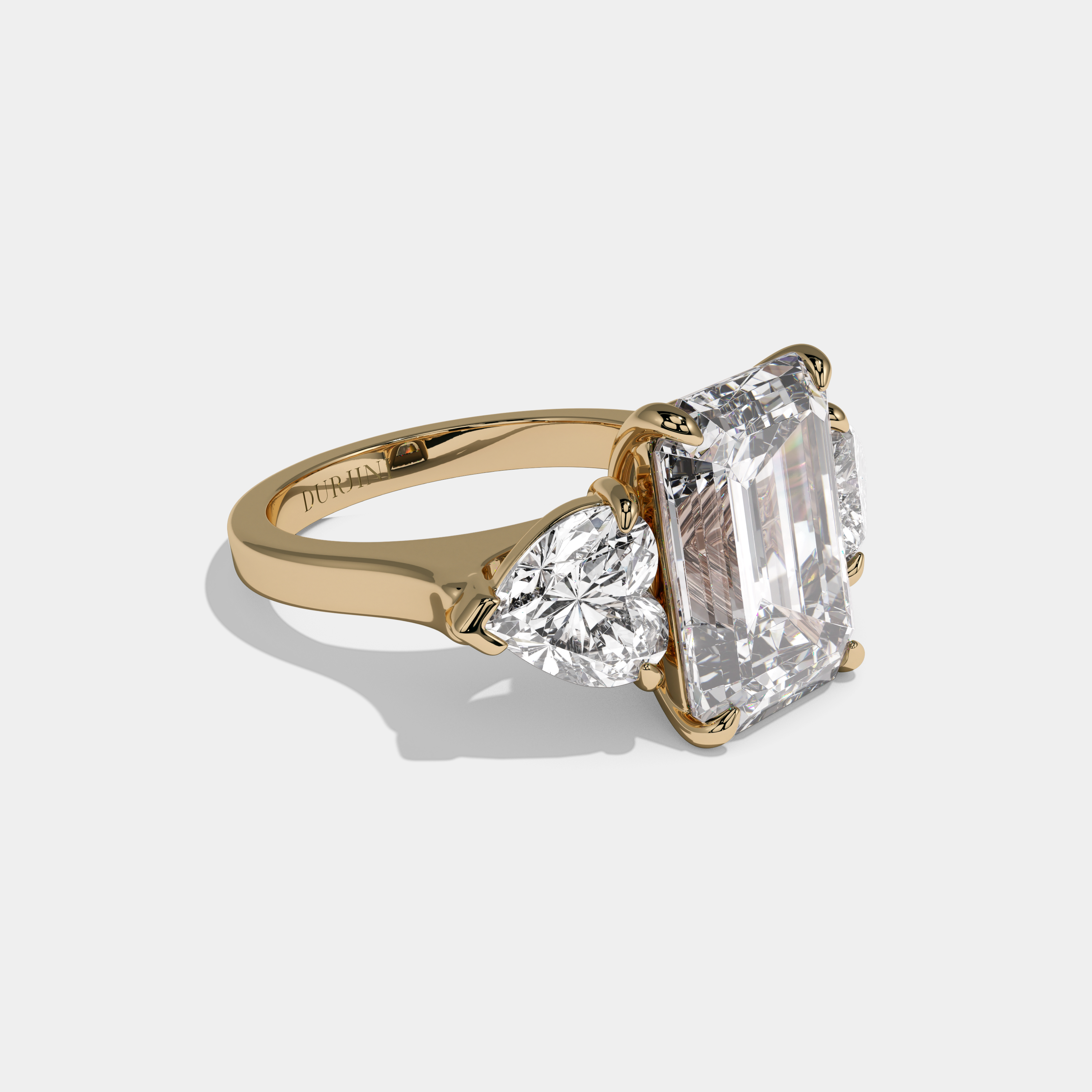 Joan Emerald Cut Diamond Plain Band With Heart Brilliant Sides Engagement Ring 10ct 18K Yellow Gold