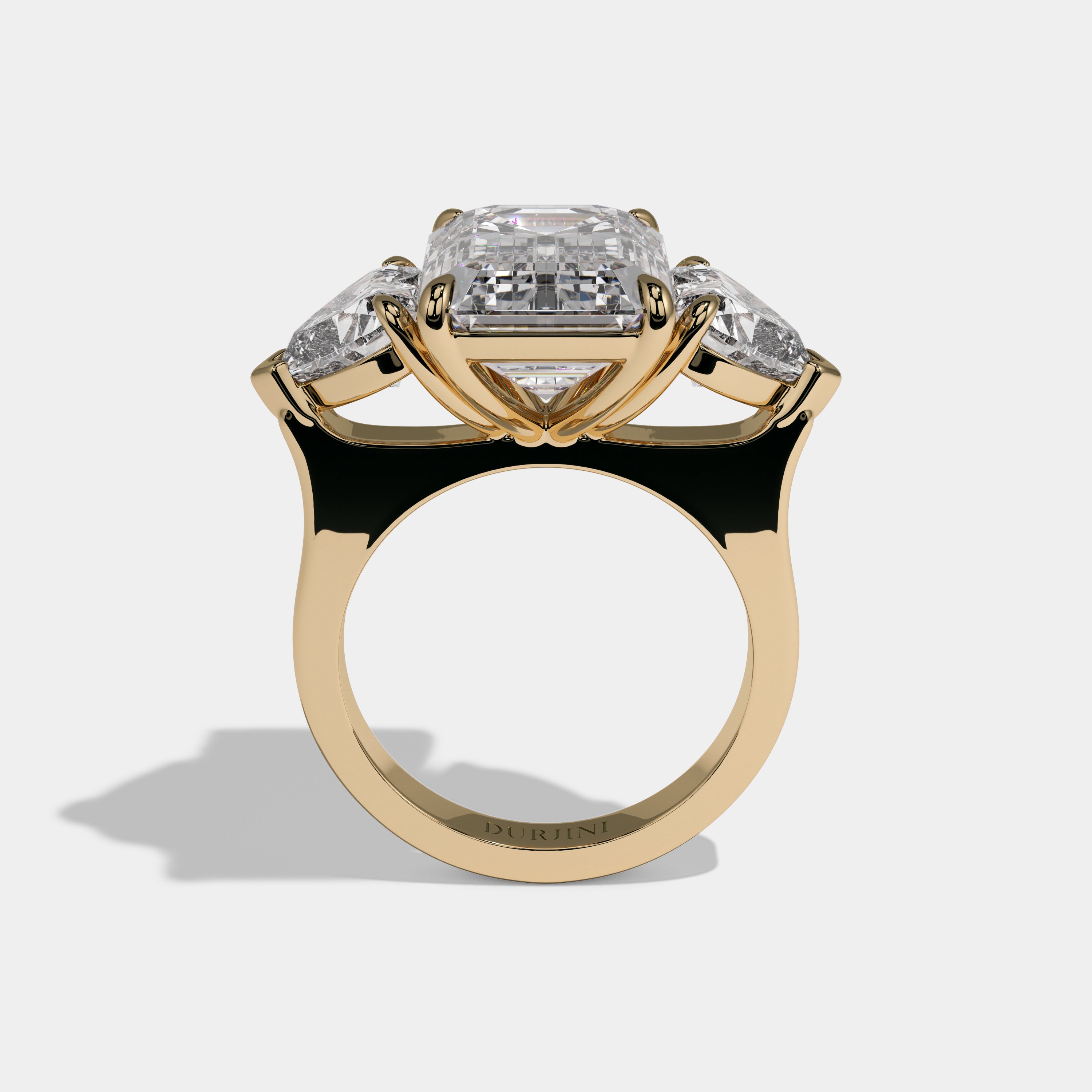 Joan Emerald Cut Diamond Plain Band With Heart Brilliant Sides Engagement Ring 10ct 18K Yellow Gold