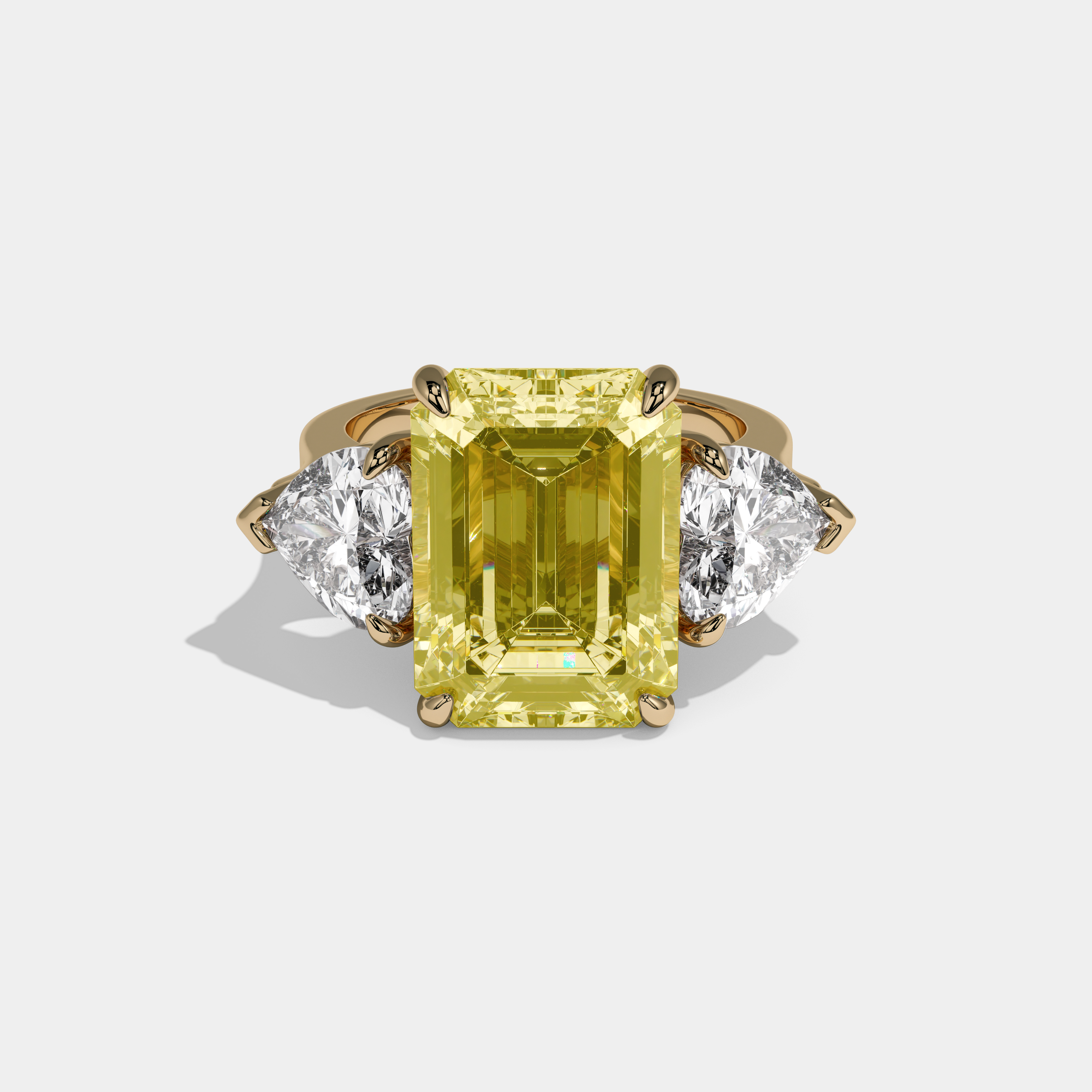 Victoria Fancy Yellow Emerald Cut Diamond Plain Band With Heart Brilliant Sides Engagement Ring 10ct 18K Yellow Gold