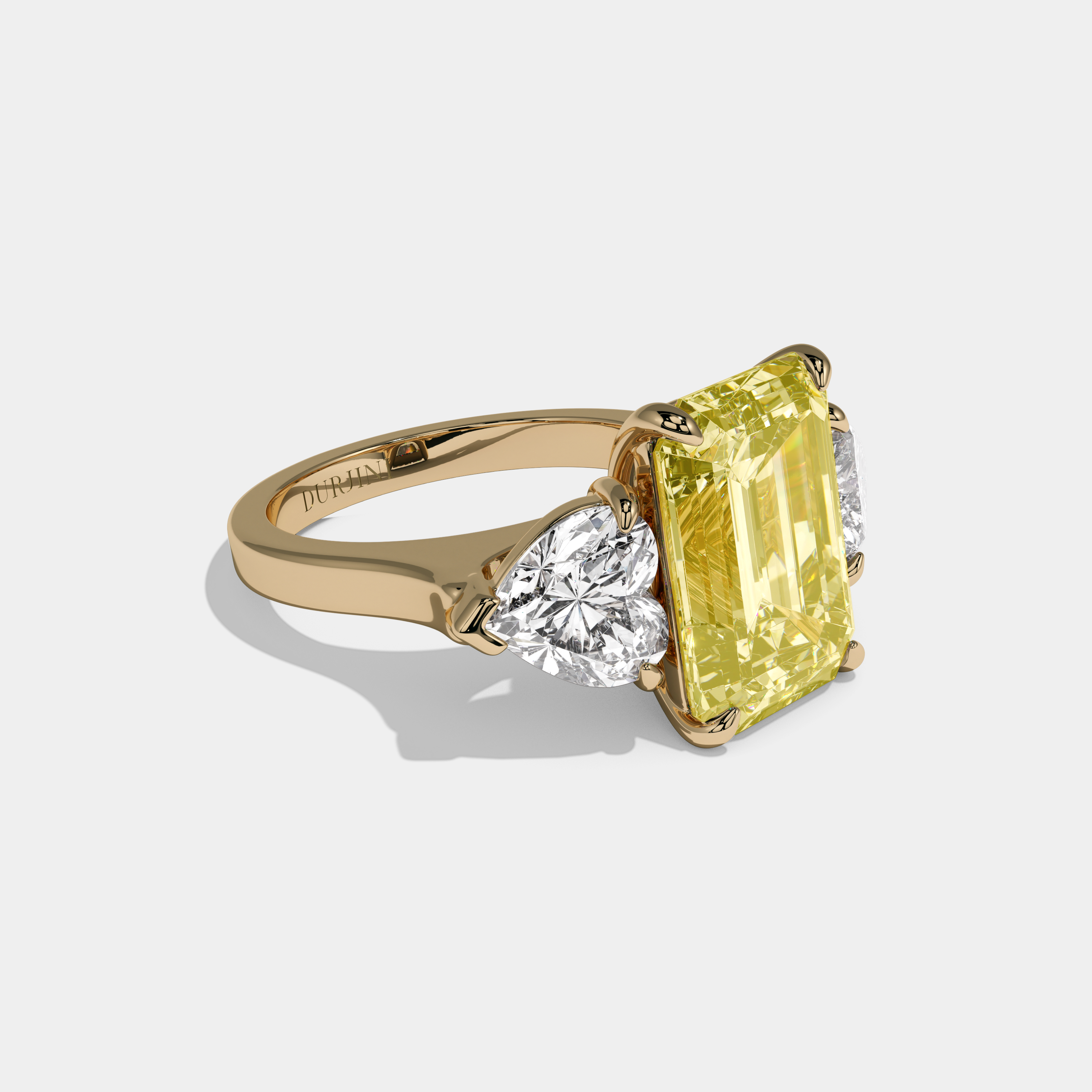 Victoria Fancy Yellow Emerald Cut Diamond Plain Band With Heart Brilliant Sides Engagement Ring 10ct 18K Yellow Gold