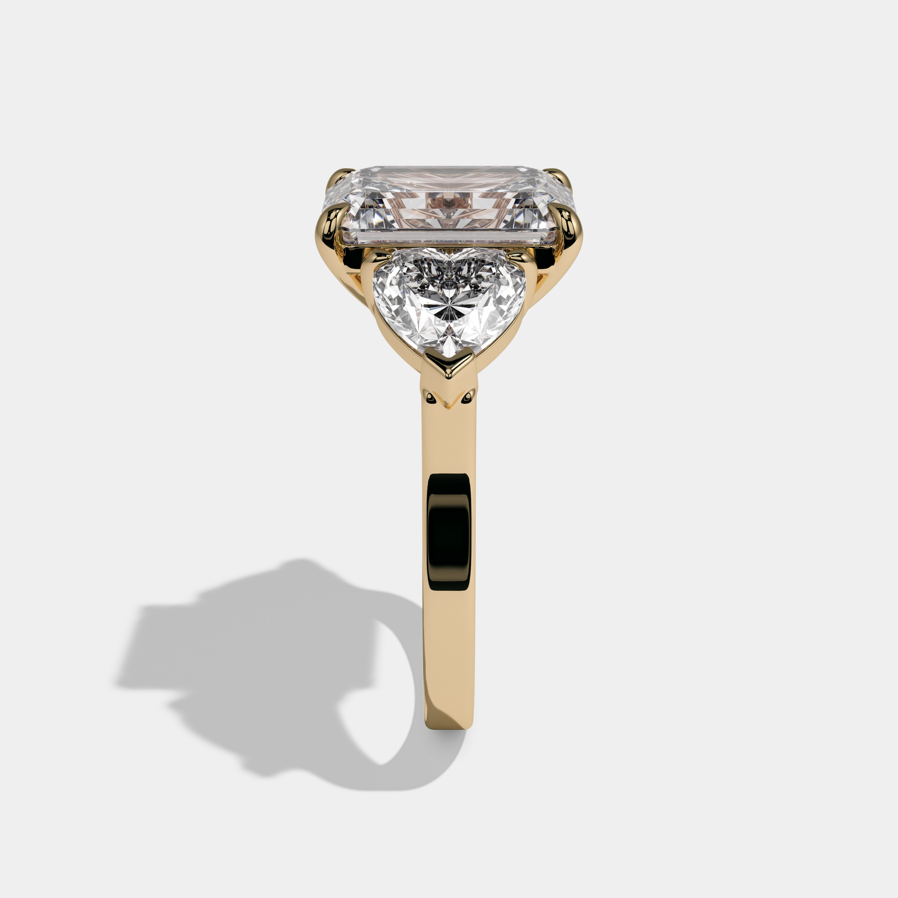 Elisabeth Emerald Cut Diamond Plain Band With Heart Sides Engagement Ring 10ct 18K Yellow Gold