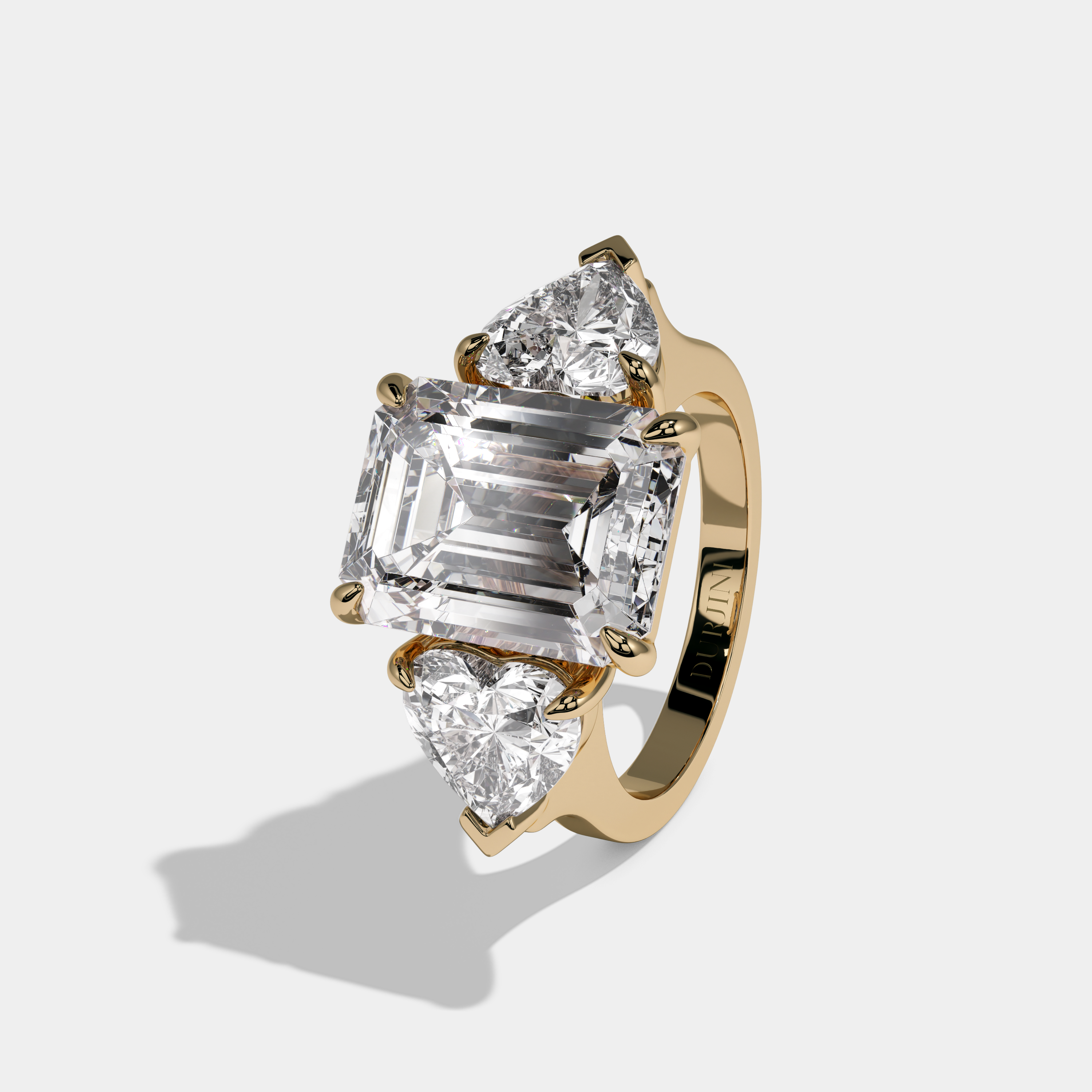 Elisabeth Emerald Cut Diamond Plain Band With Heart Sides Engagement Ring 10ct 18K Yellow Gold