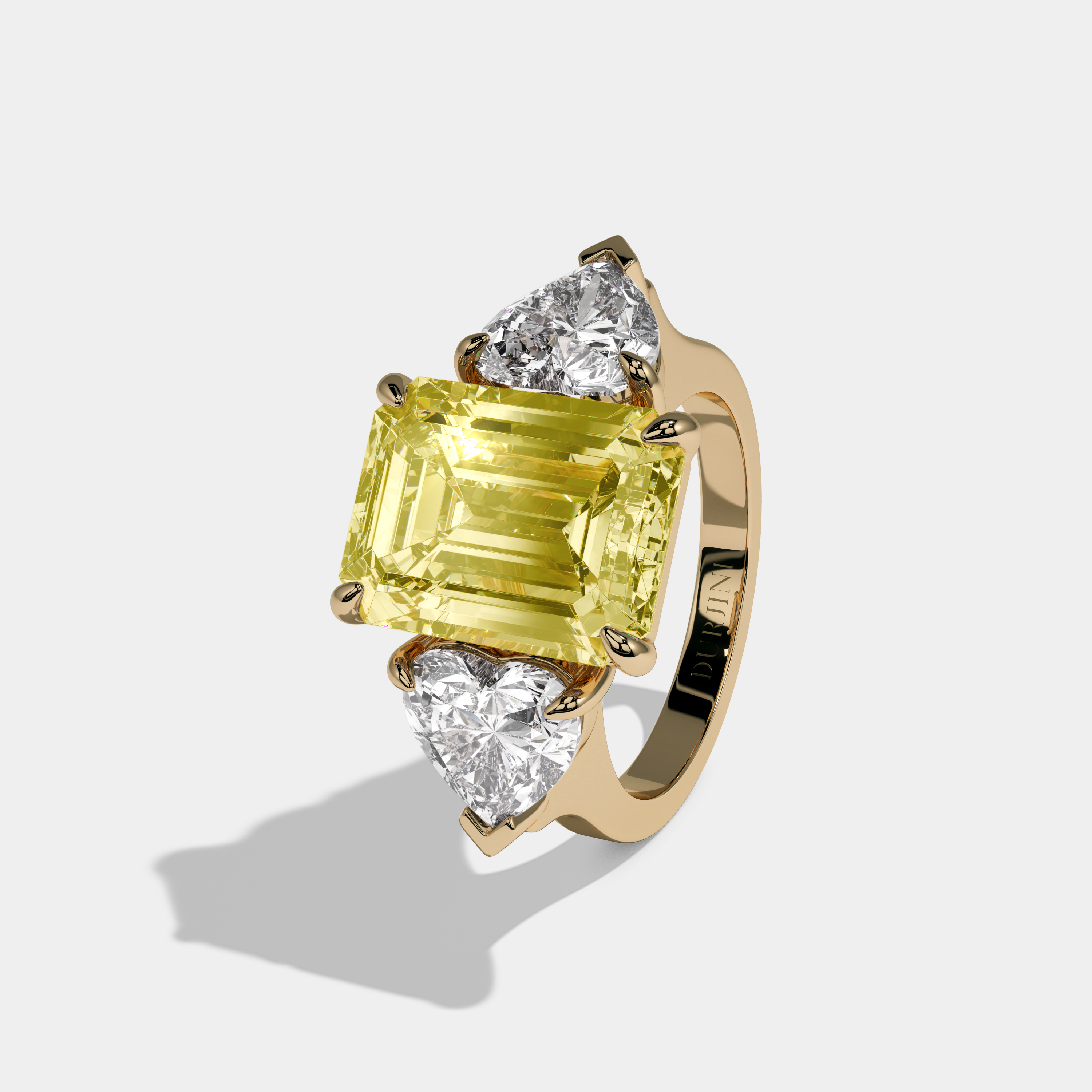 Charlotte Fancy Yellow Emerald Cut Diamond Plain Band With Heart Sides Engagement Ring 10ct 18K Yellow Gold