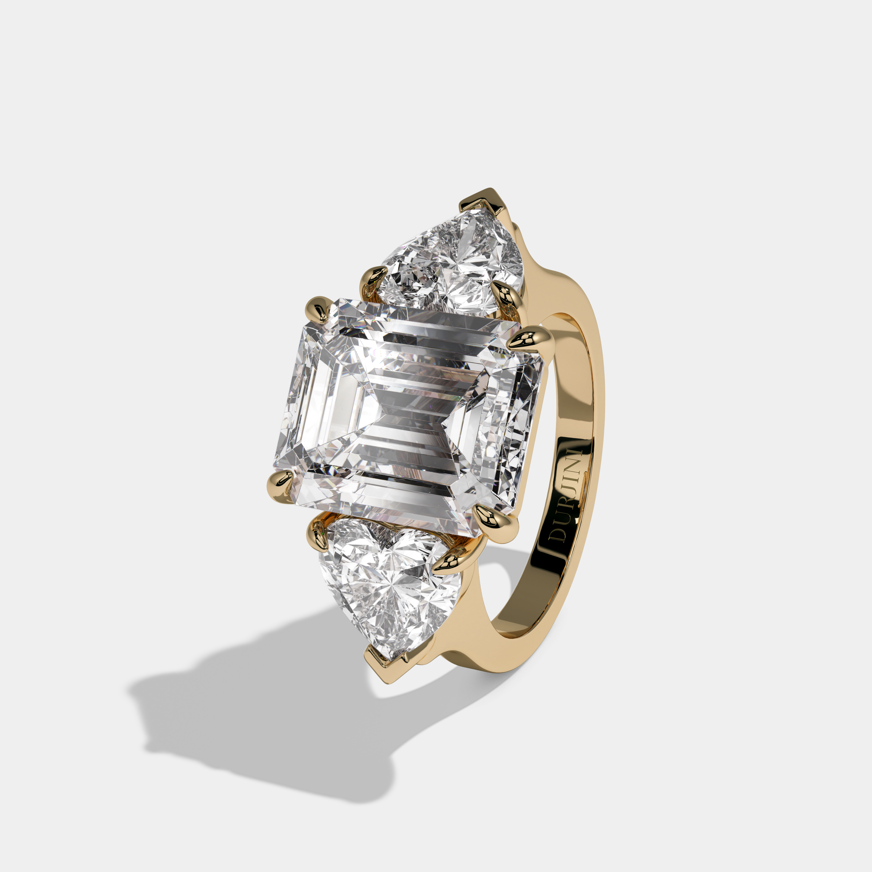 Marina Emerald Cut Diamond Plain Band With Heart Brilliant Sides Engagement Ring 8ct 18K Yellow Gold