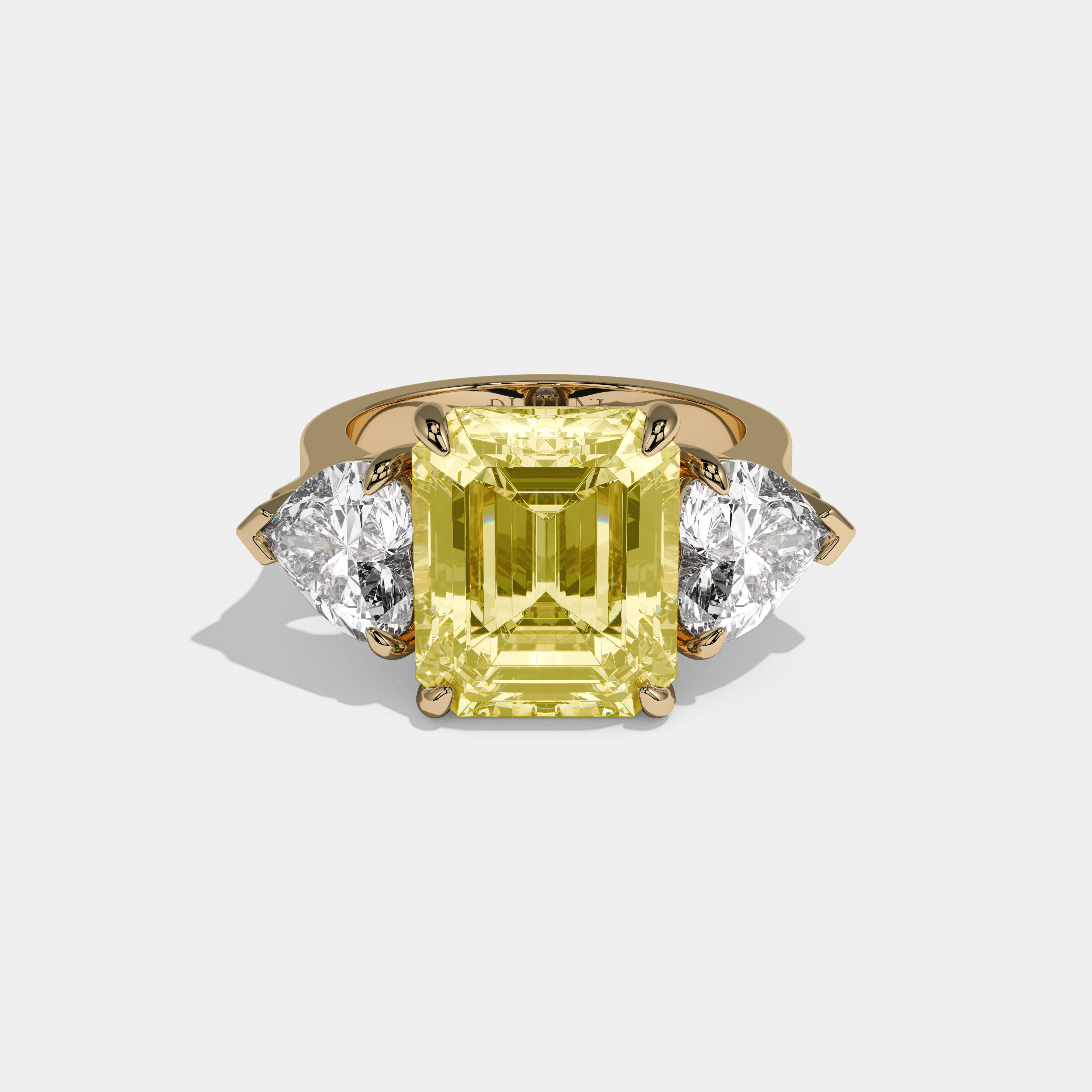 Elizabeth Fancy Yellow Emerald Cut Diamond Plain Band With Heart Brilliant Sides Engagement Ring 8ct 18k Yellow Gold