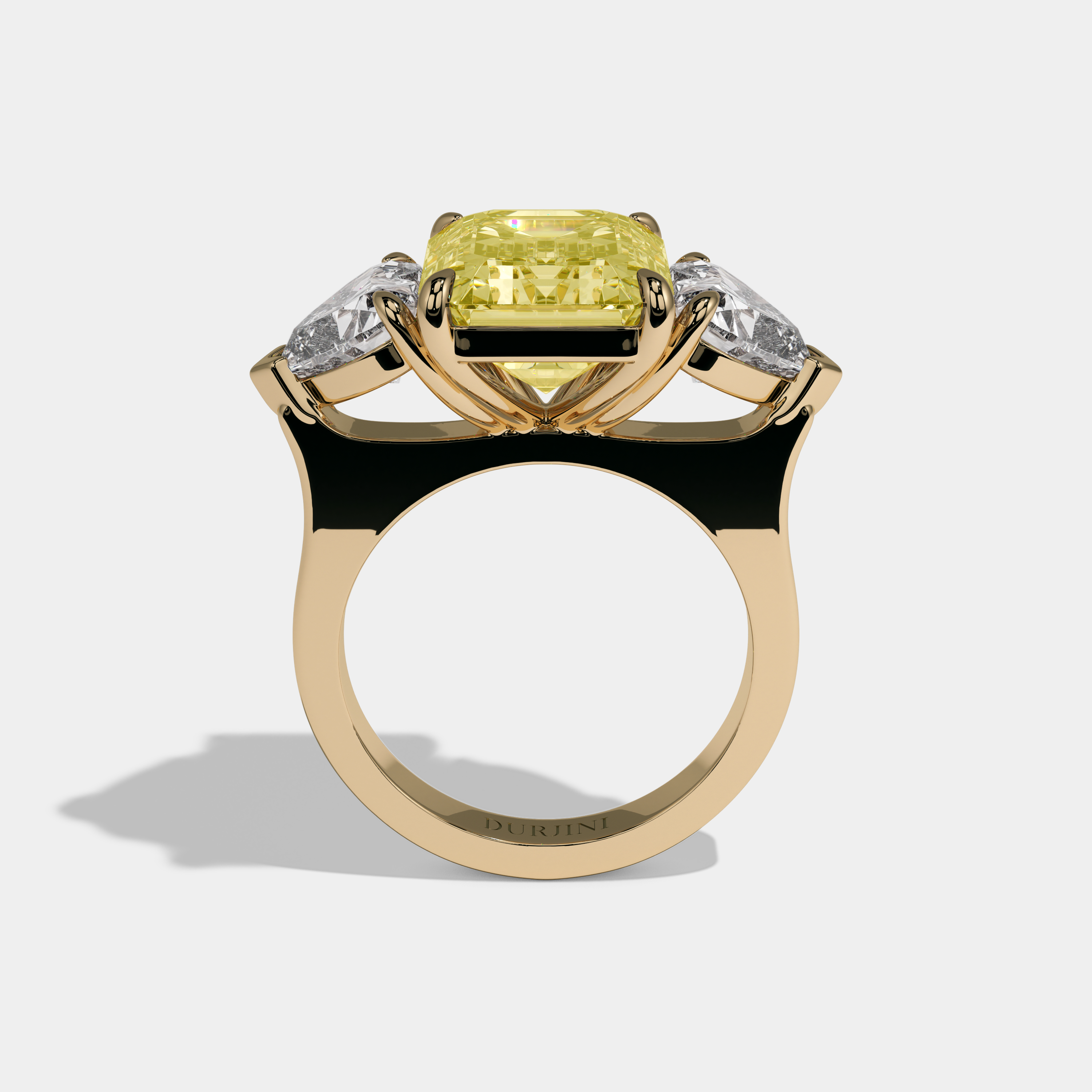 Elizabeth Fancy Yellow Emerald Cut Diamond Plain Band With Heart Brilliant Sides Engagement Ring 8ct 18k Yellow Gold