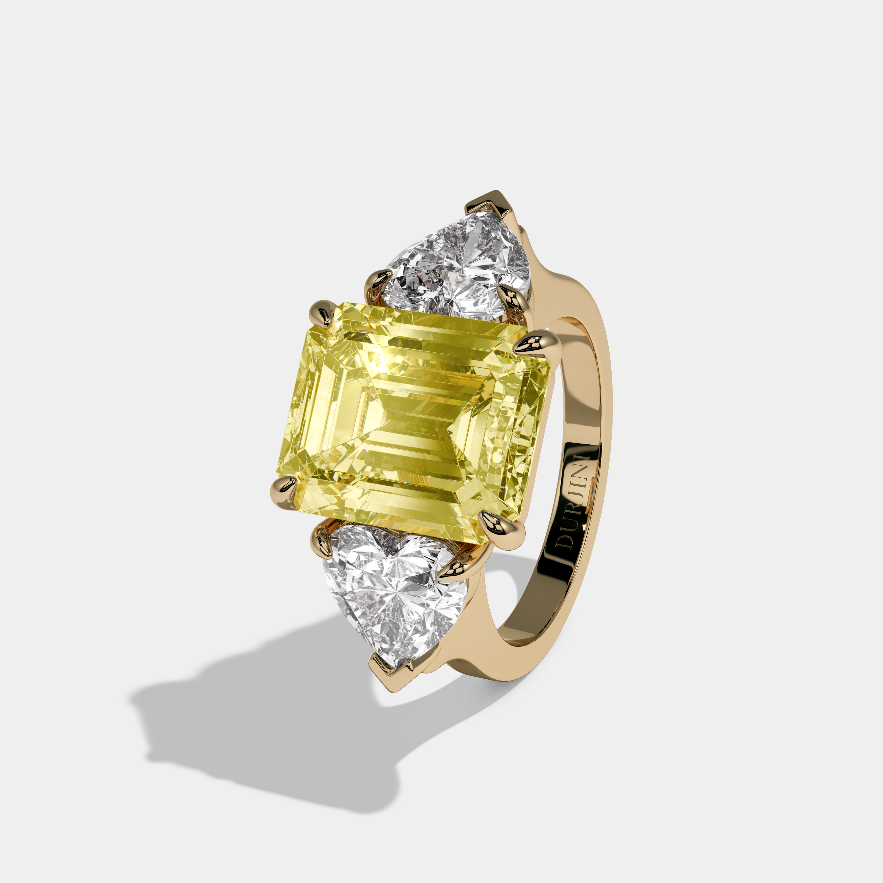 Elizabeth Fancy Yellow Emerald Cut Diamond Plain Band With Heart Brilliant Sides Engagement Ring 8ct 18k Yellow Gold