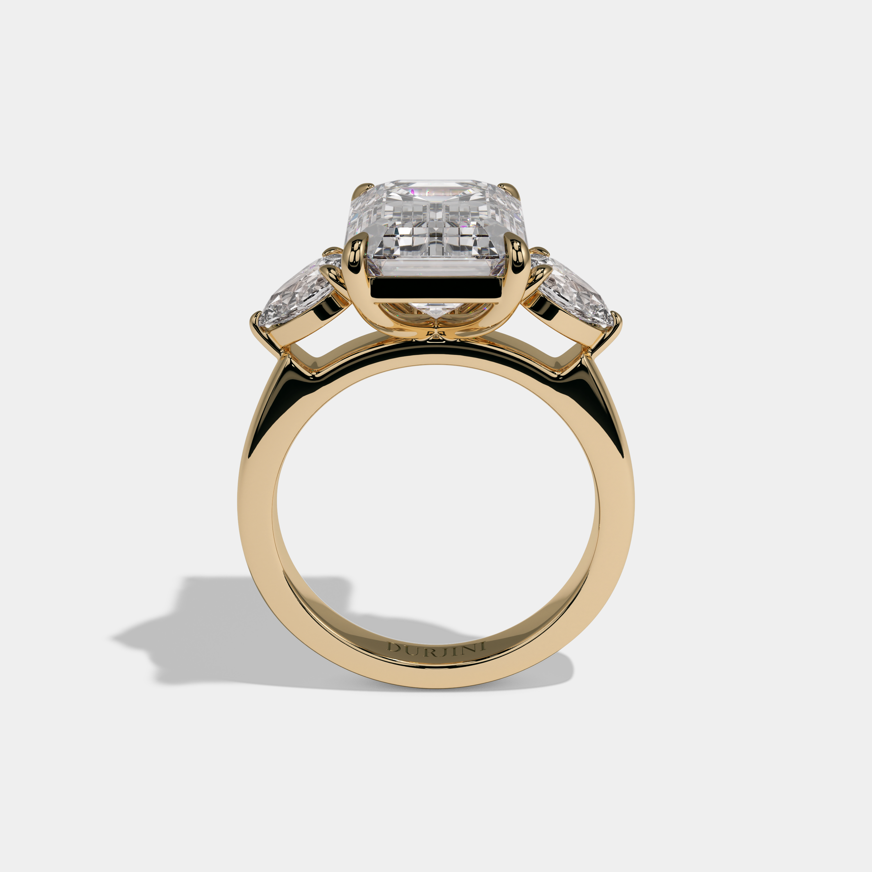 Aurelia Emerald Cut Diamond Plain Band With Pear Brilliant Sides Engagement Ring 8ct 18K Yellow Gold