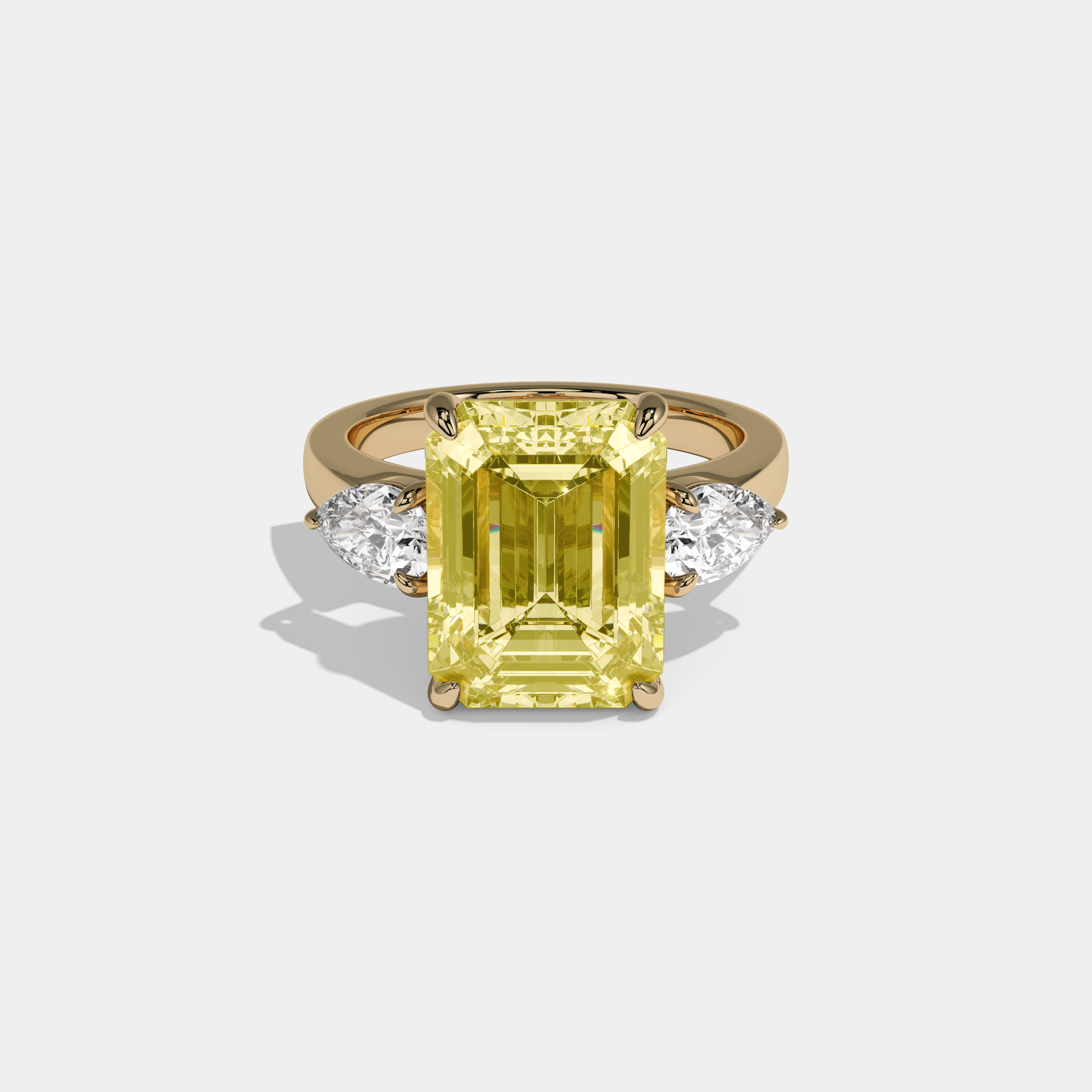 Isabella Fancy Yellow Emerald Cut Diamond Plain Band With Pear Brilliant Sides Engagement Ring 8ct 18k Yellow Gold