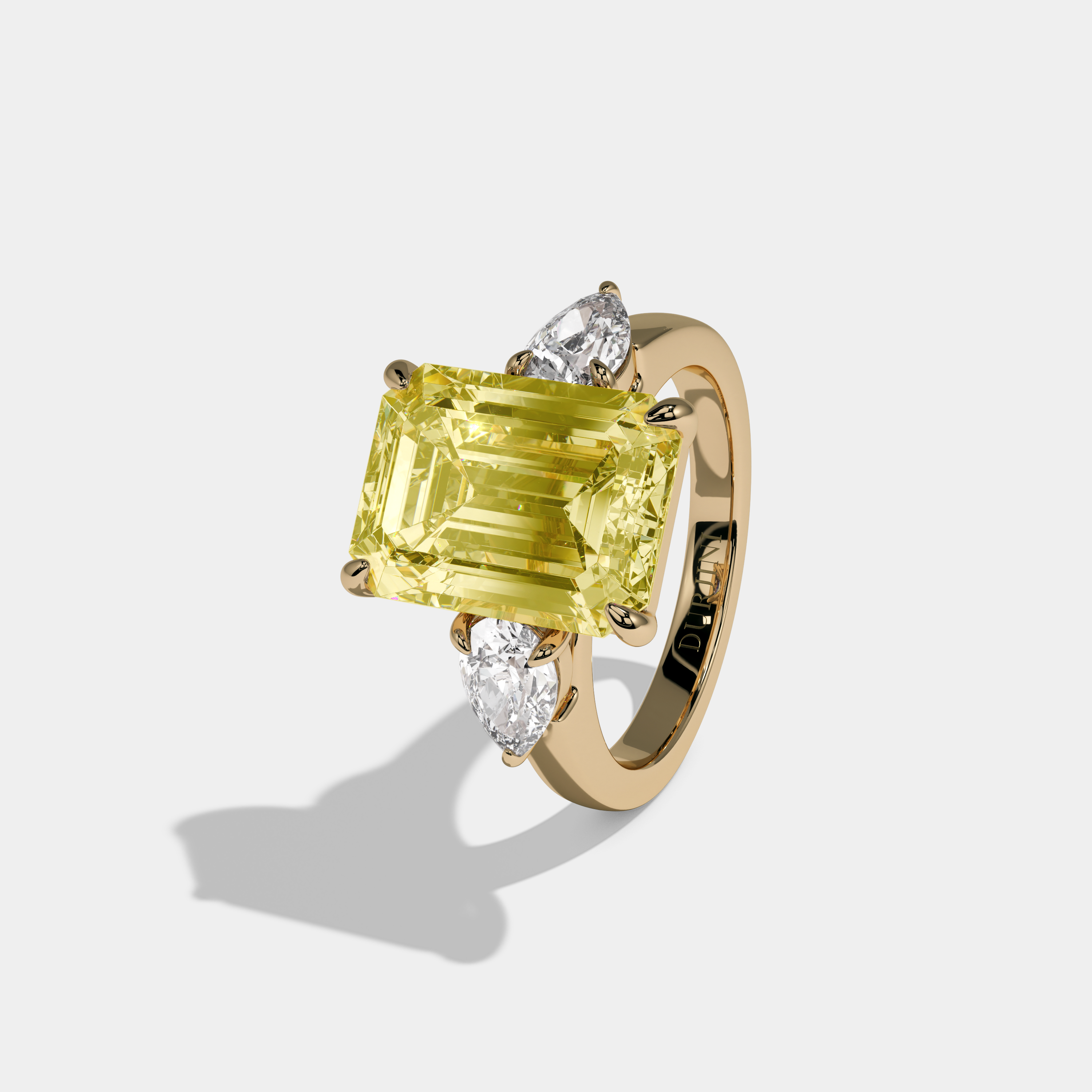 Isabella Fancy Yellow Emerald Cut Diamond Plain Band With Pear Brilliant Sides Engagement Ring 8ct 18k Yellow Gold