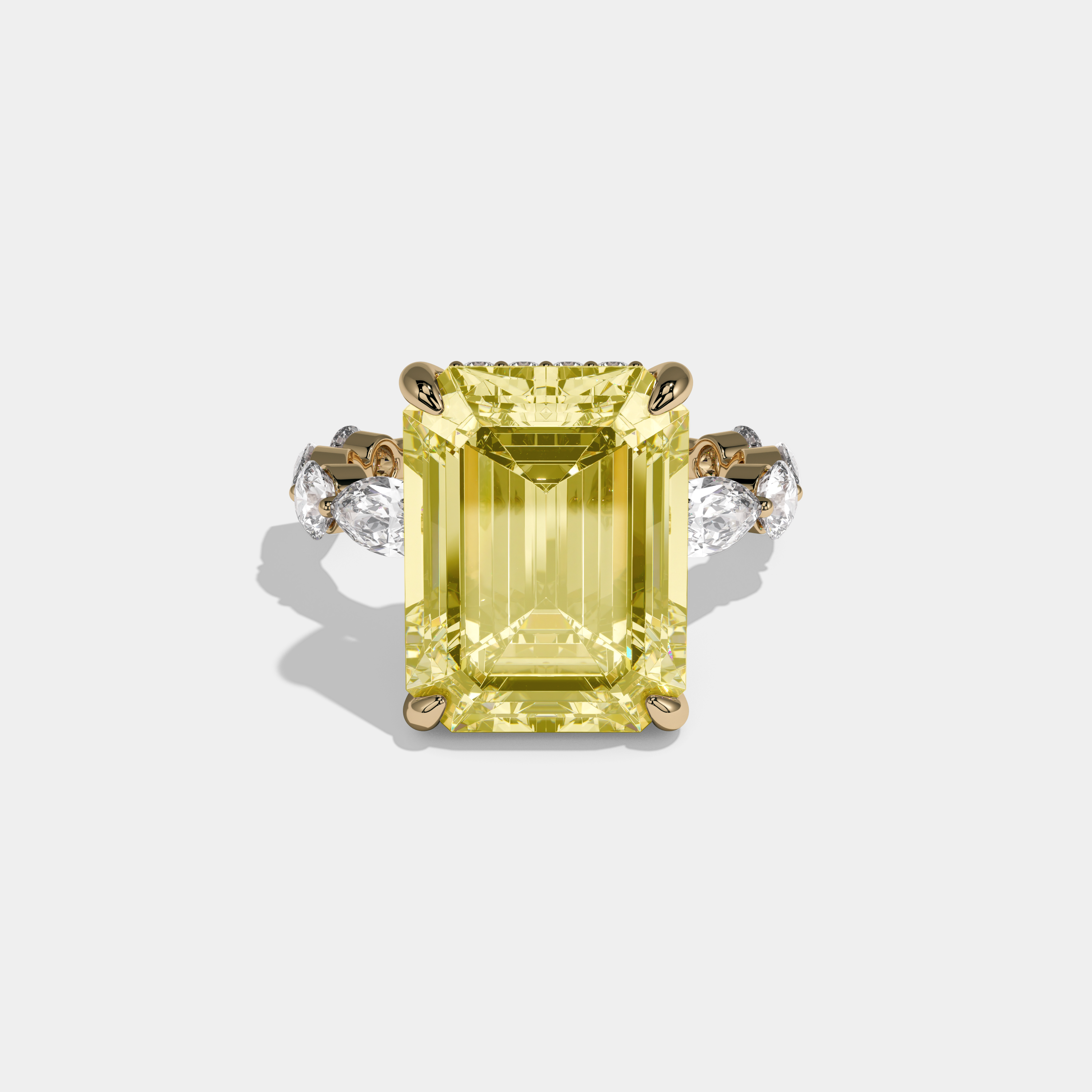 Eleanor Fancy Yellow Emerald Cut Diamond Band with Diamond Marquise Halo Engagement Ring 8ct 18K Yellow Gold