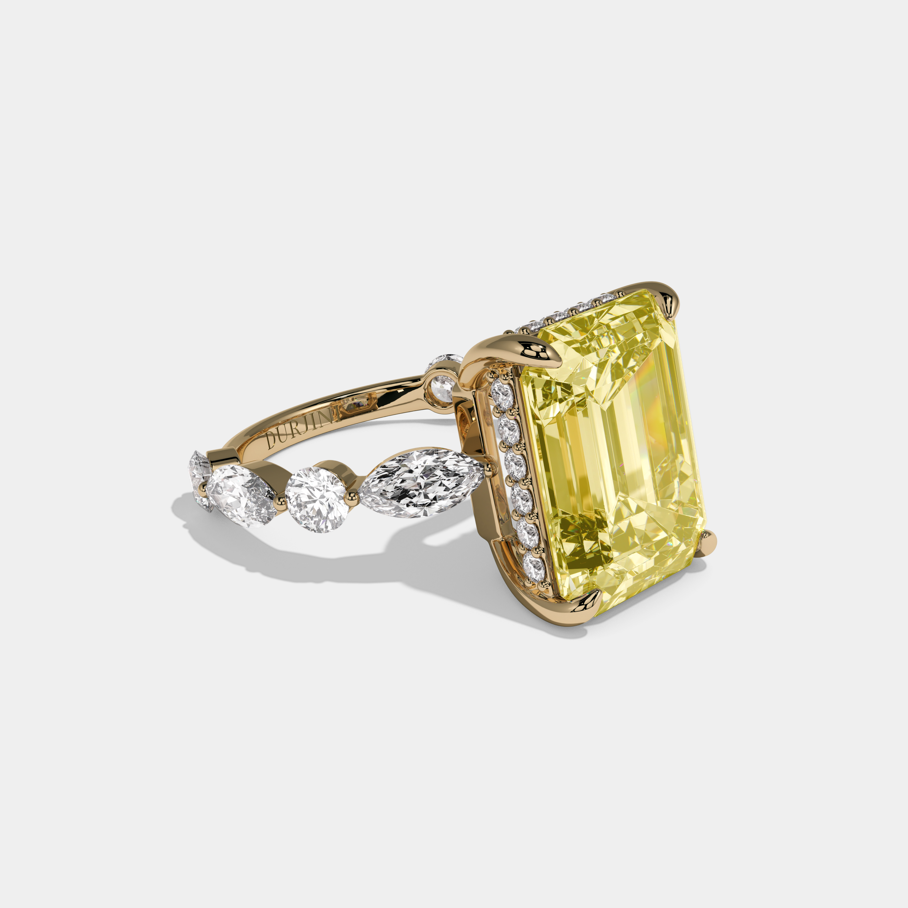 Eleanor Fancy Yellow Emerald Cut Diamond Band with Diamond Marquise Halo Engagement Ring 8ct 18K Yellow Gold