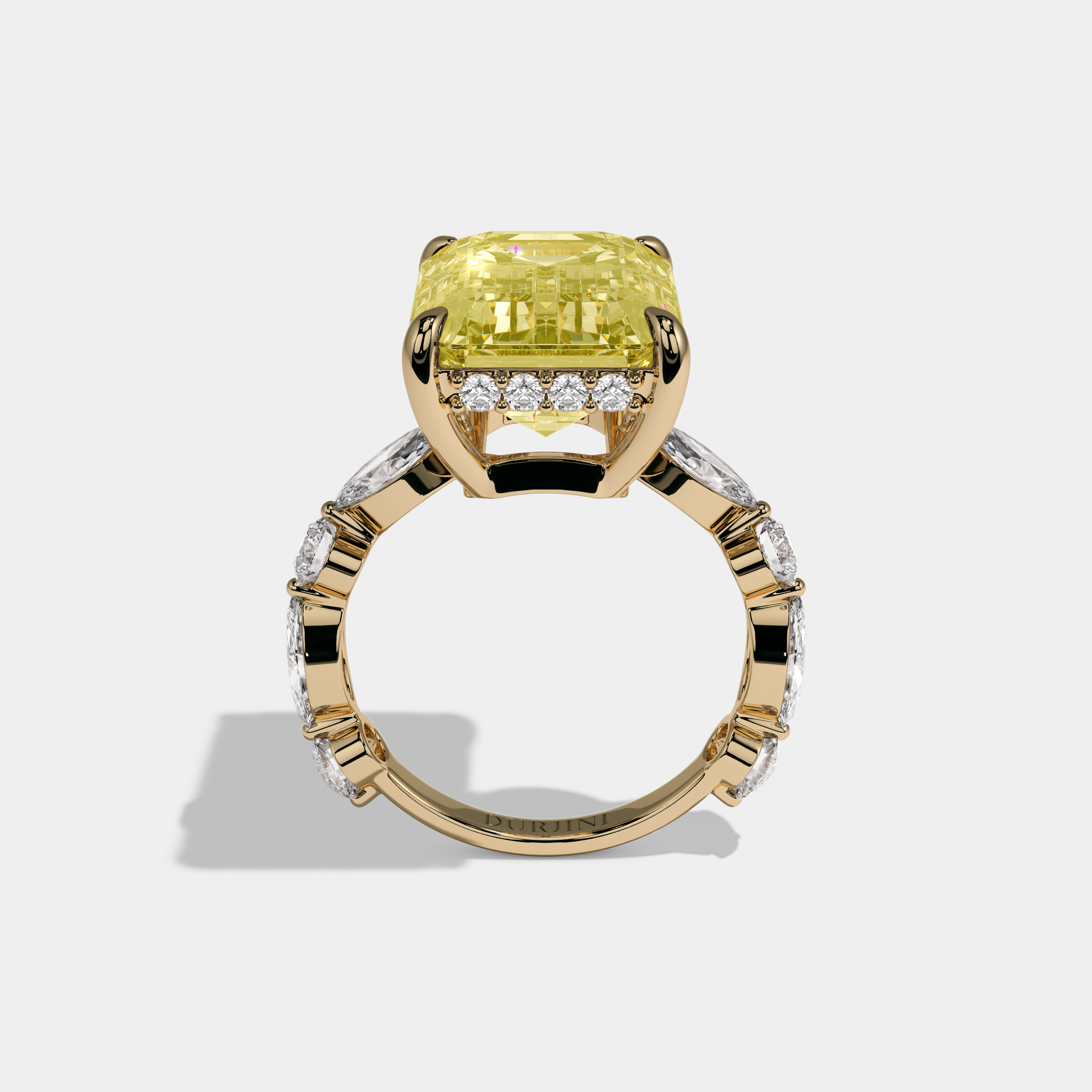 Eleanor Fancy Yellow Emerald Cut Diamond Band with Diamond Marquise Halo Engagement Ring 8ct 18K Yellow Gold