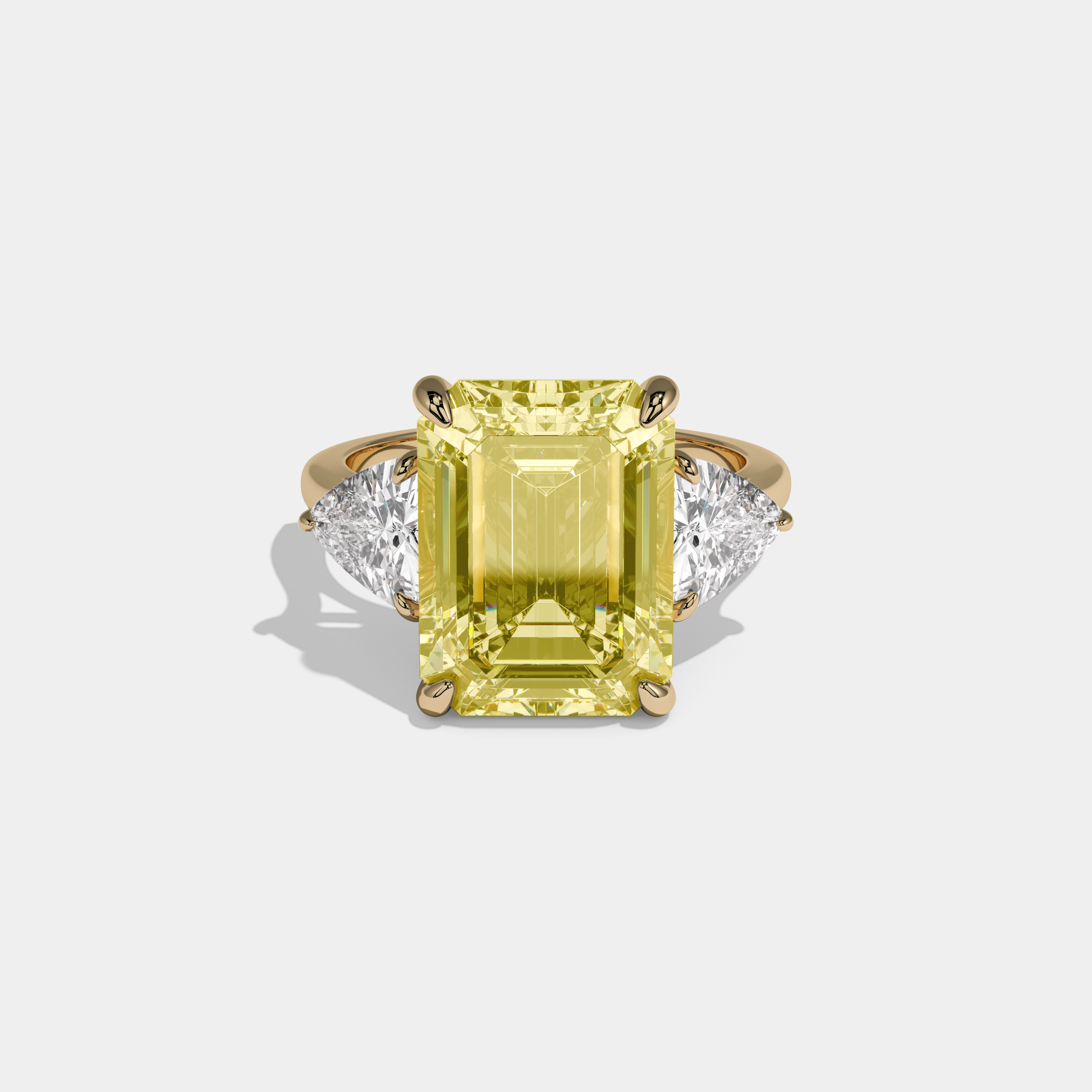 Victoria Fancy Yellow Emerald Cut Diamond Plain Band With Trillion Sides Engagement Ring 8ct 18k Yellow Gold