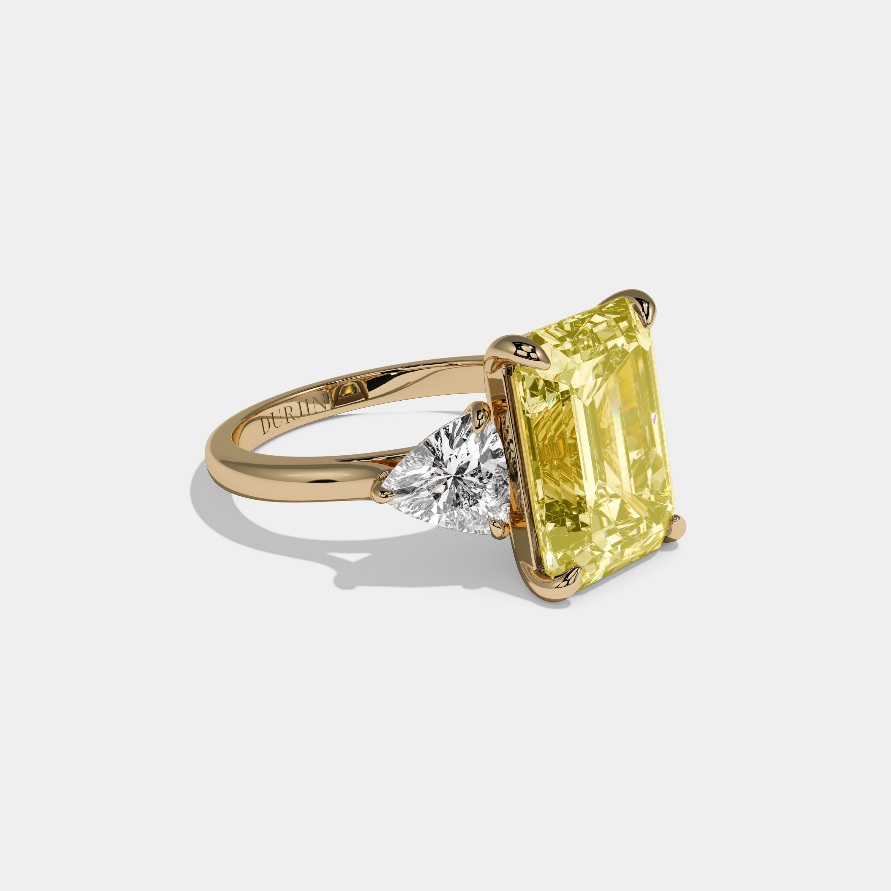 Victoria Fancy Yellow Emerald Cut Diamond Plain Band With Trillion Sides Engagement Ring 8ct 18k Yellow Gold