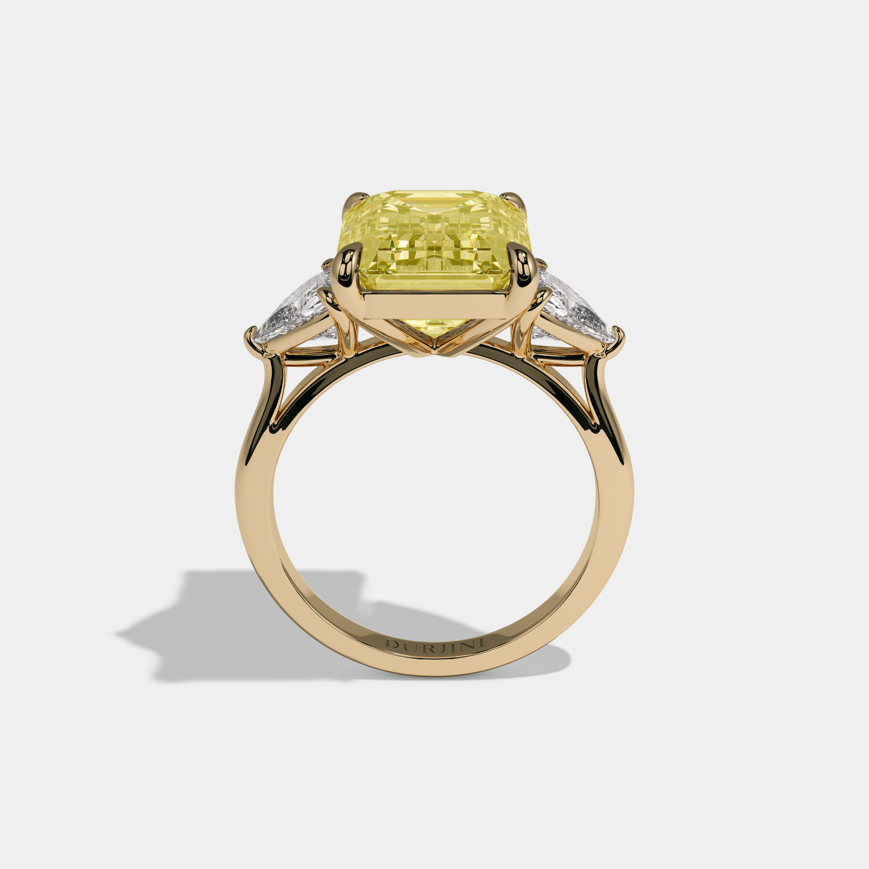 Victoria Fancy Yellow Emerald Cut Diamond Plain Band With Trillion Sides Engagement Ring 8ct 18k Yellow Gold