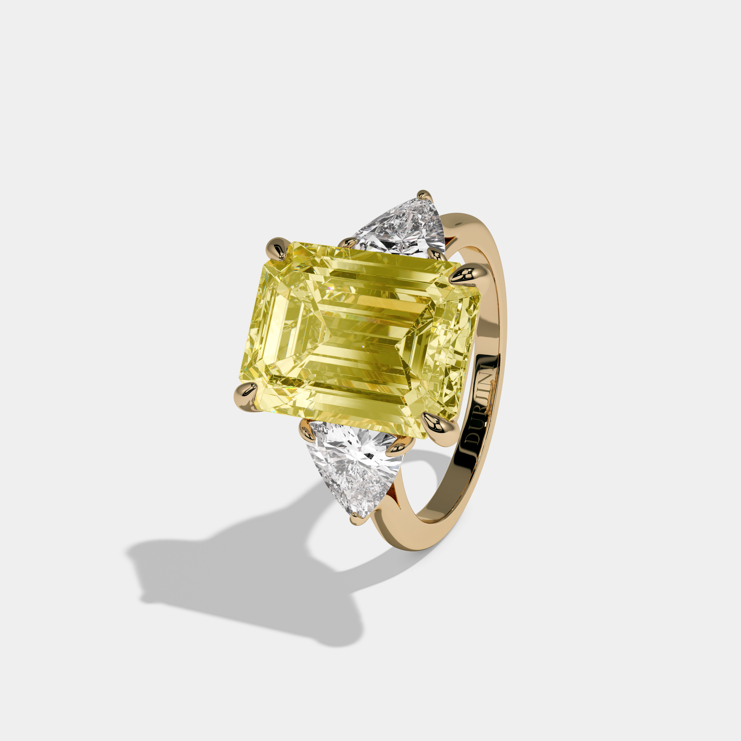 Victoria Fancy Yellow Emerald Cut Diamond Plain Band With Trillion Sides Engagement Ring 8ct 18k Yellow Gold