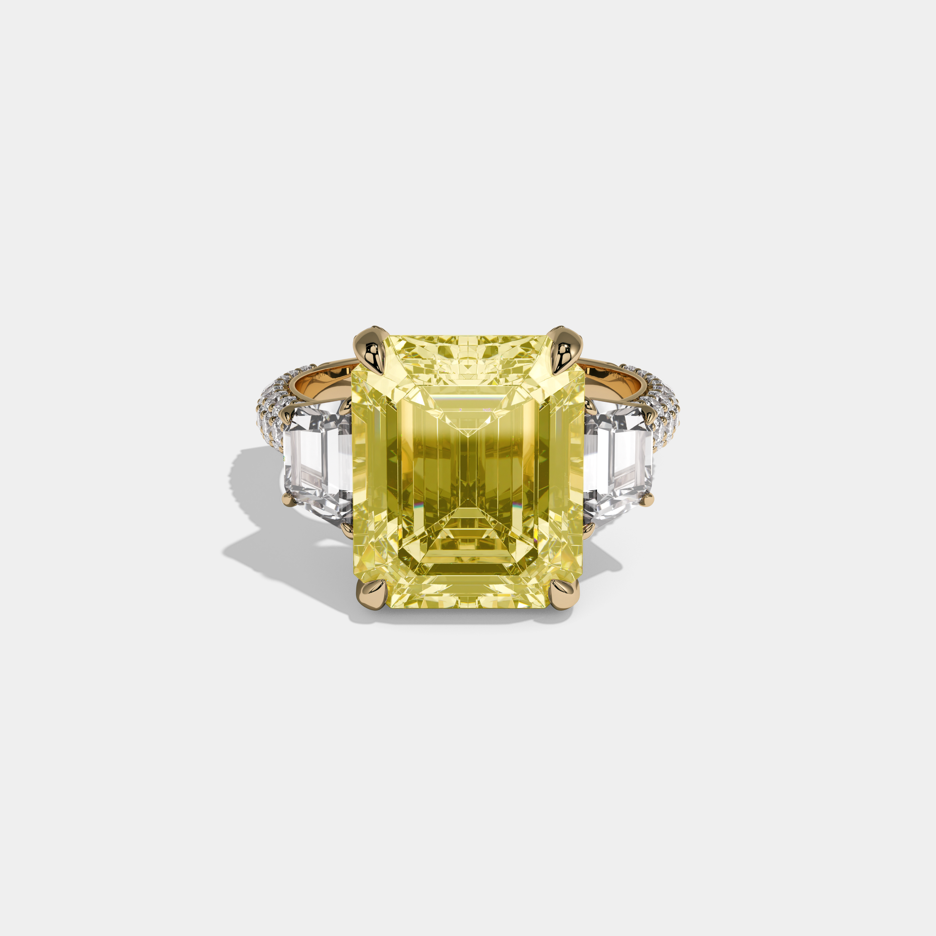 Arabella Fancy Yellow Emerald Cut Diamond Band With Quad Cut Sides Engagement Ring 12ct 18k Yellow Gold