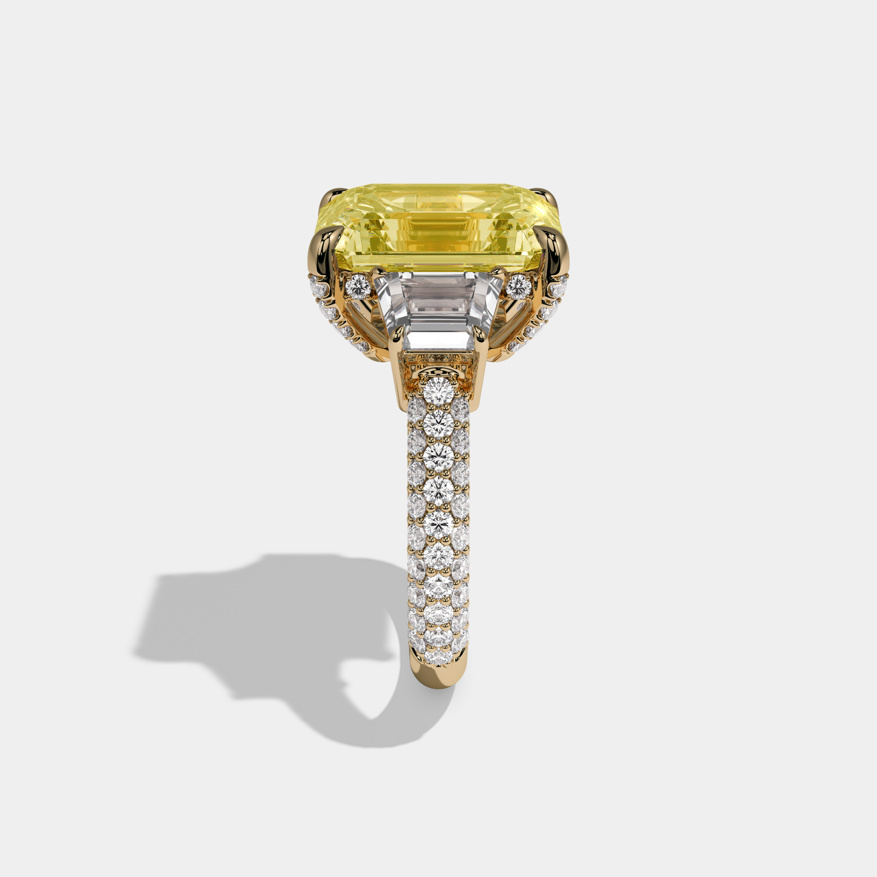 Arabella Fancy Yellow Emerald Cut Diamond Band With Quad Cut Sides Engagement Ring 12ct 18k Yellow Gold