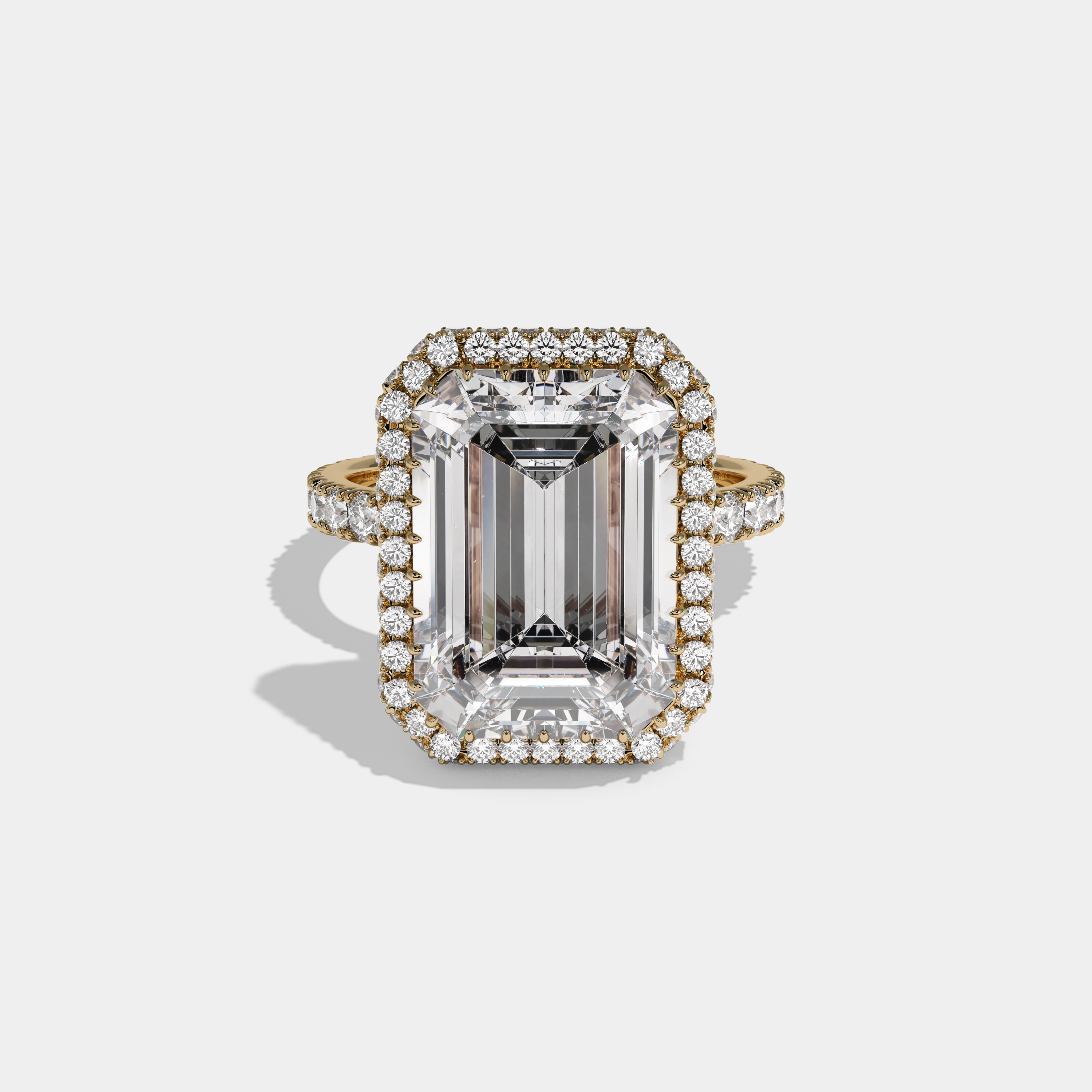 Camilla Emerald Cut Diamond Band Double Halo Engagement Ring 10ct 18k Yellow Gold