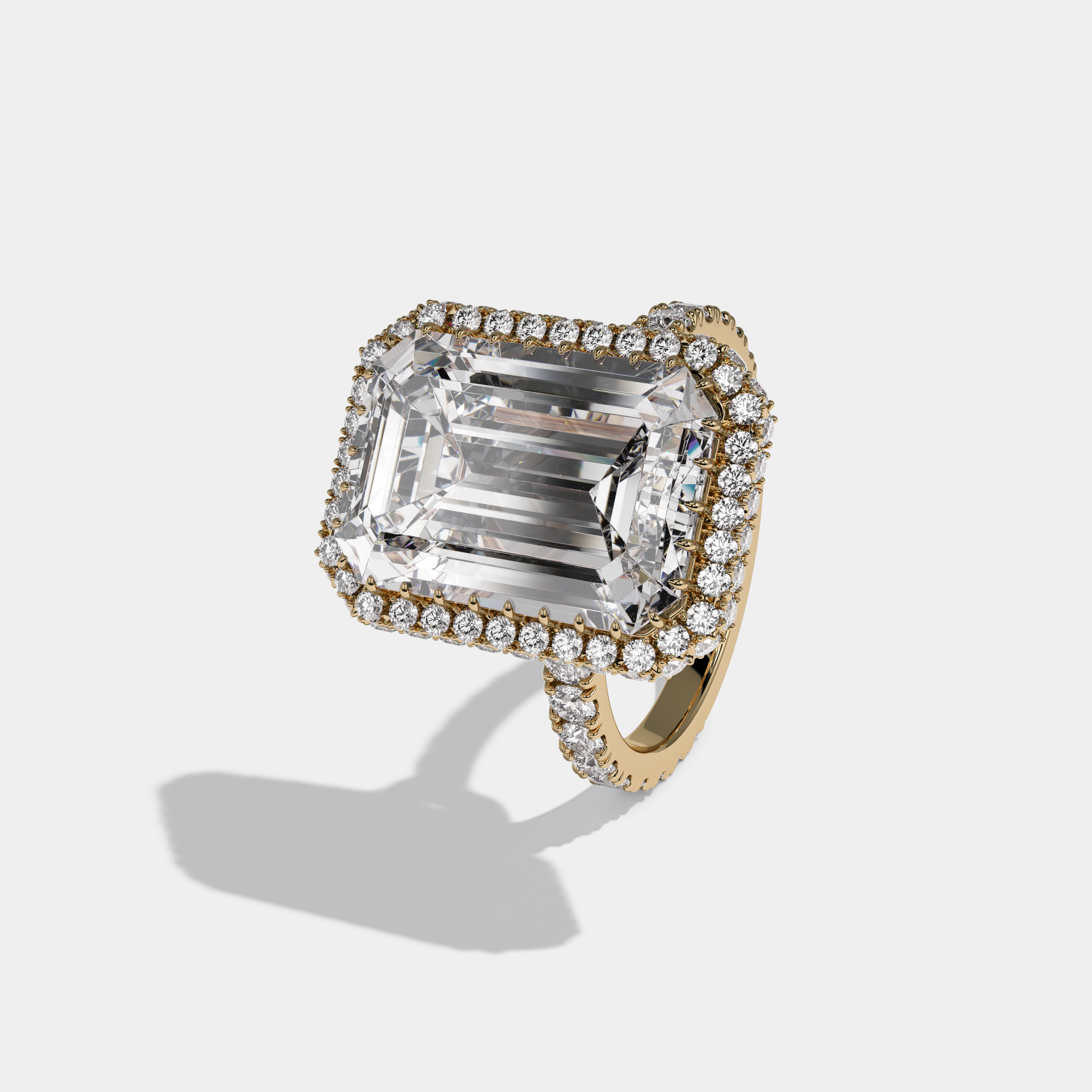 Camilla Emerald Cut Diamond Band Double Halo Engagement Ring 10ct 18k Yellow Gold