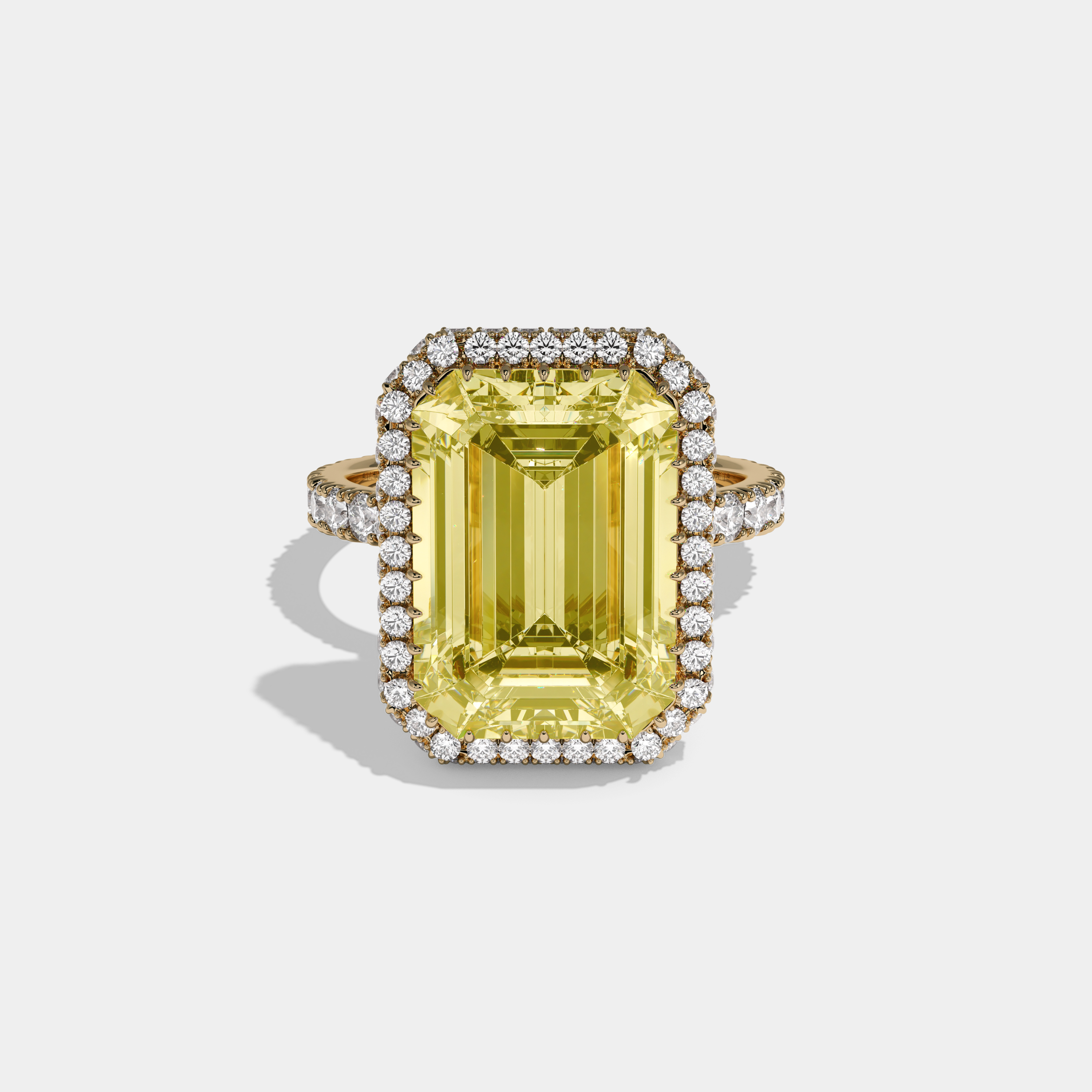 Elizabeth Fancy Yellow Emerald Cut Diamond Band Double Halo Engagement Ring 10ct 18k Yellow Gold