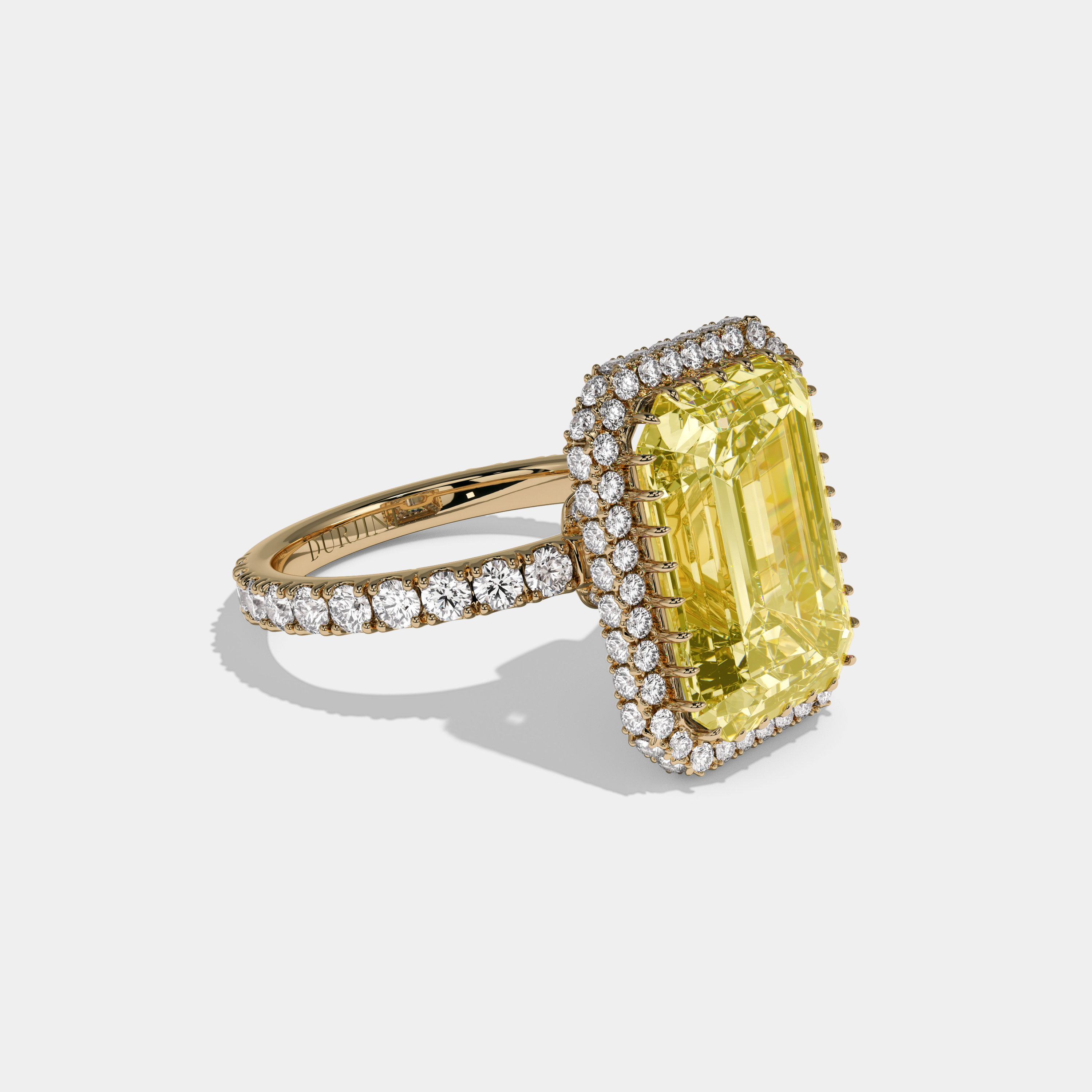 Elizabeth Fancy Yellow Emerald Cut Diamond Band Double Halo Engagement Ring 10ct 18k Yellow Gold