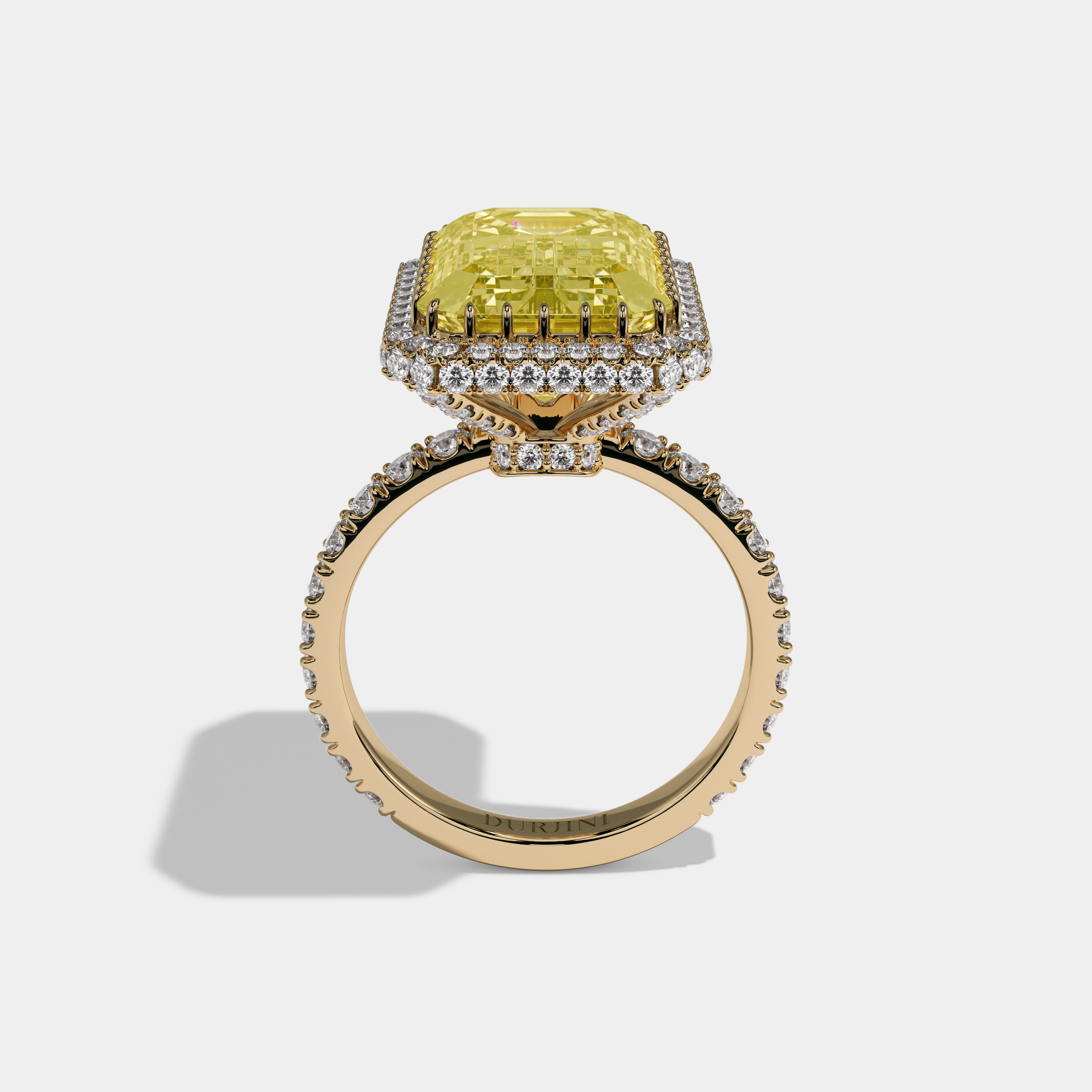 Elizabeth Fancy Yellow Emerald Cut Diamond Band Double Halo Engagement Ring 10ct 18k Yellow Gold