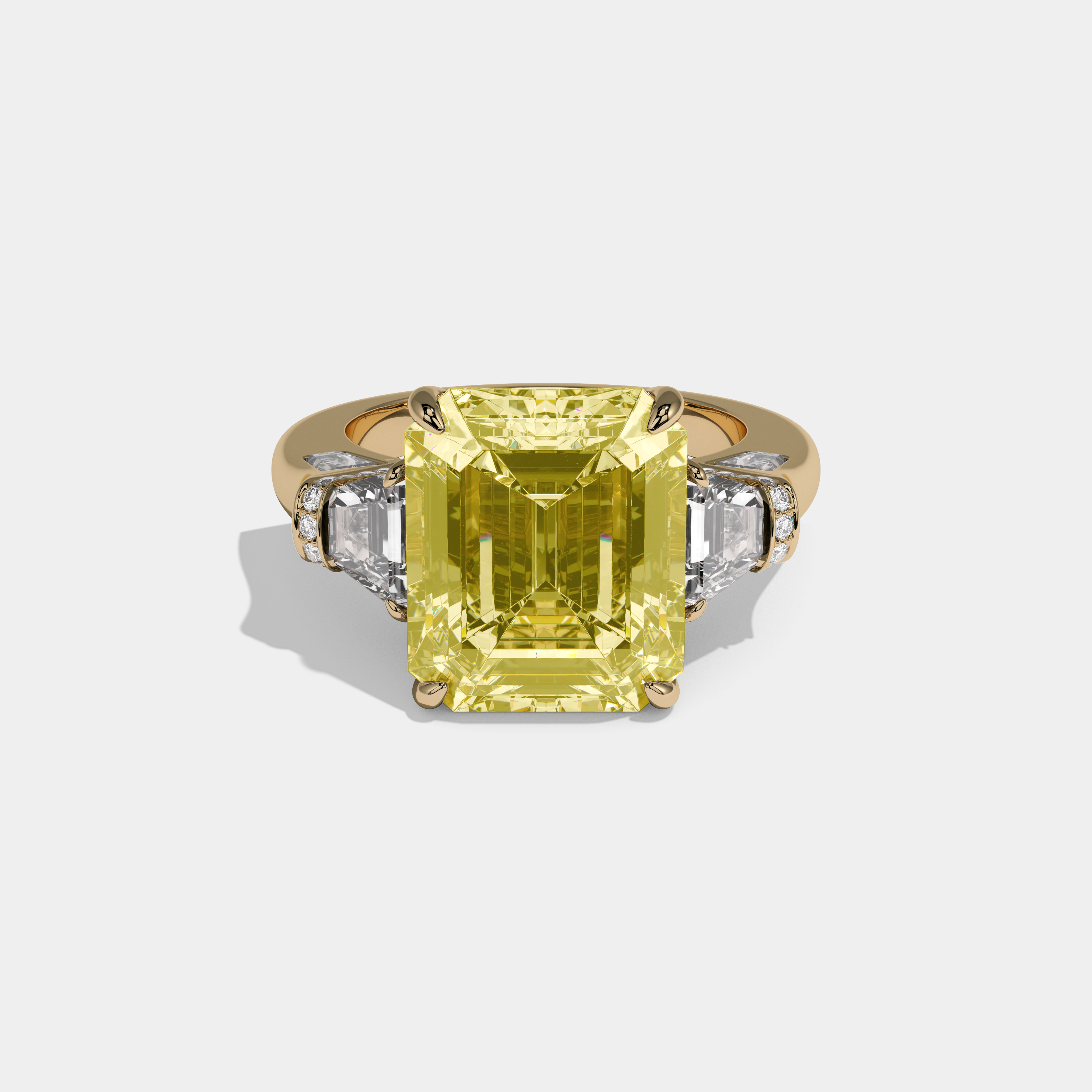 Victoria Fancy Yellow Emerald Cut Diamond Plain Band With Trapezoid Sides Engagement Ring 10ct 18k Yellow Gold