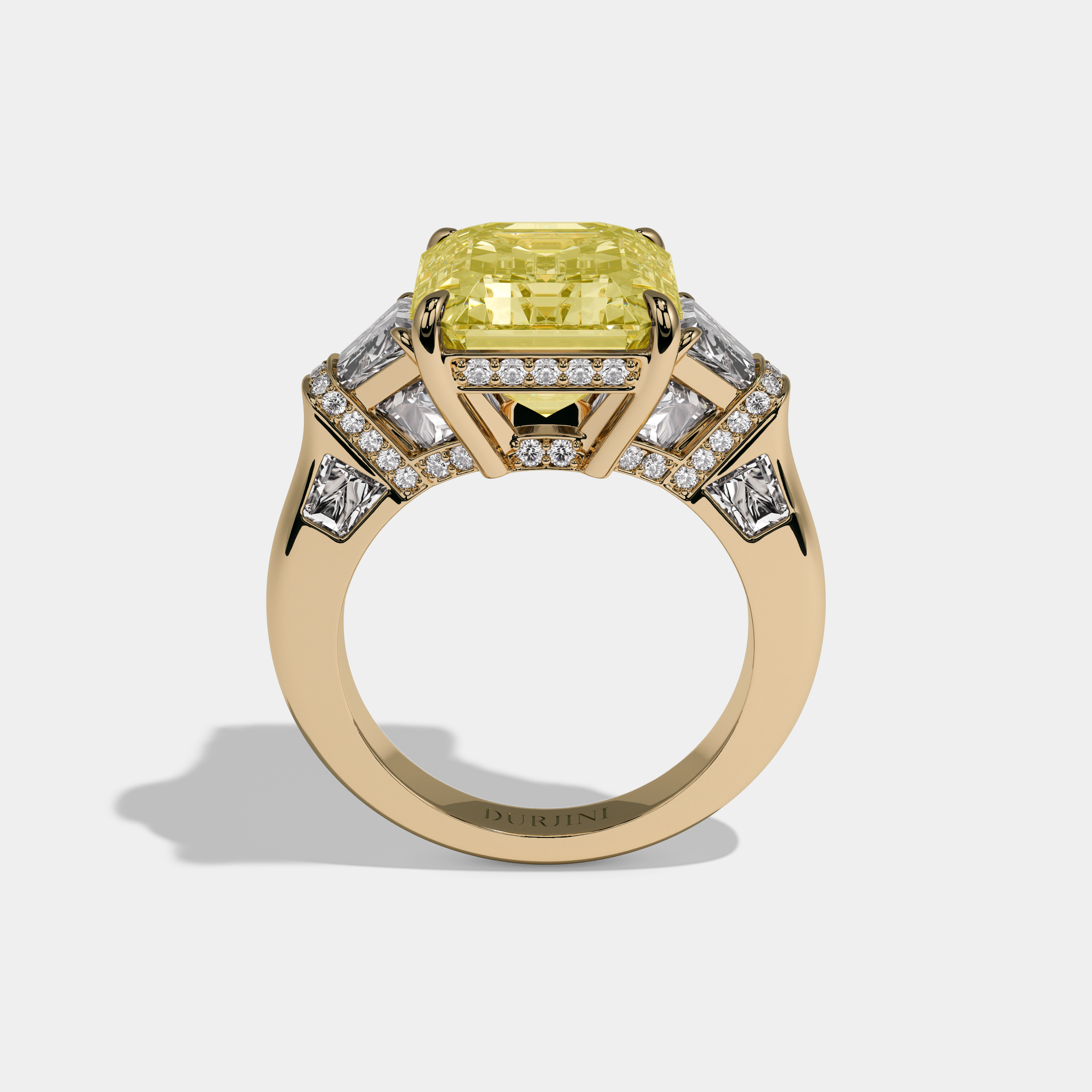 Victoria Fancy Yellow Emerald Cut Diamond Plain Band With Trapezoid Sides Engagement Ring 10ct 18k Yellow Gold