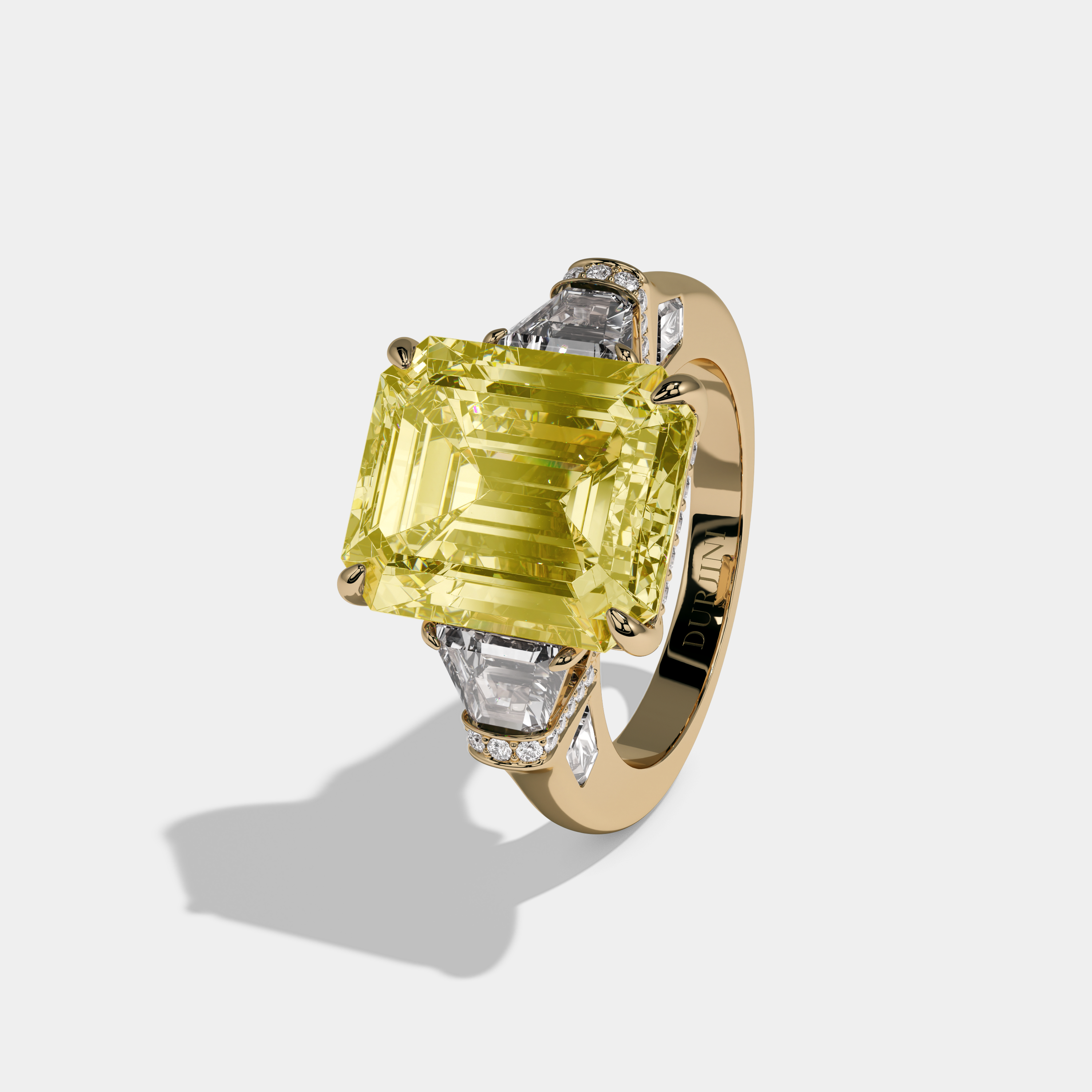 Victoria Fancy Yellow Emerald Cut Diamond Plain Band With Trapezoid Sides Engagement Ring 10ct 18k Yellow Gold