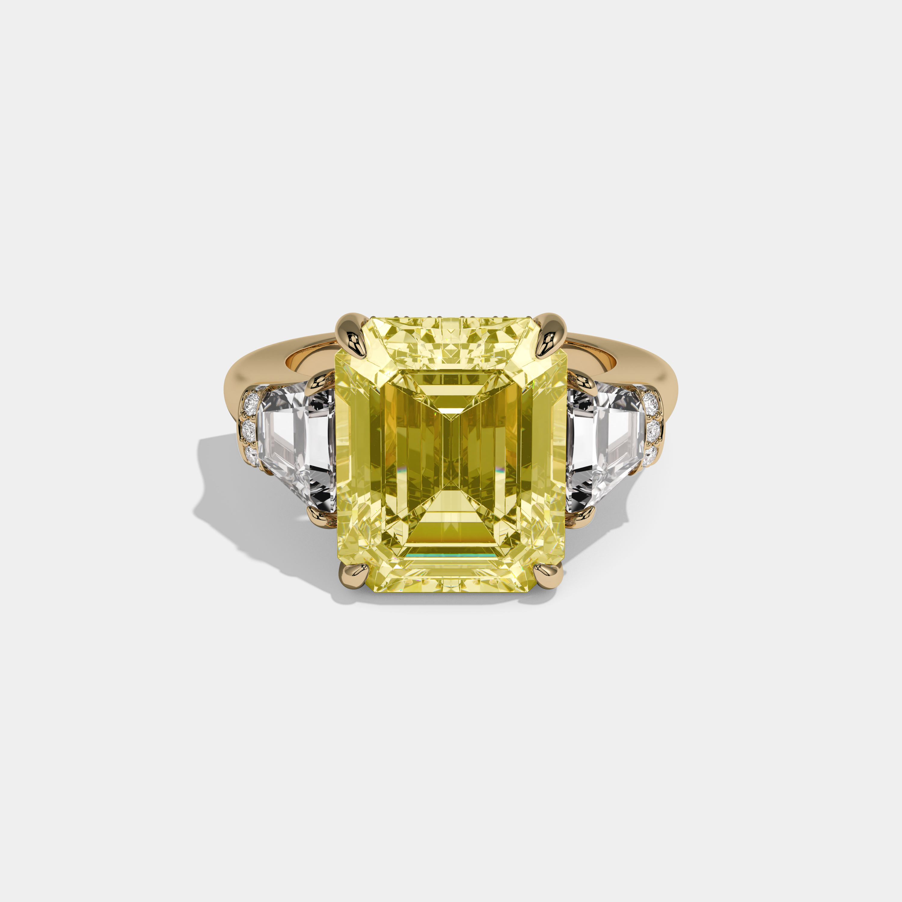 Elizabeth Fancy Yellow Emerald Cut Diamond Plain Band With Quad Cut Sides Engagement Ring 10ct 18K Yellow Gold