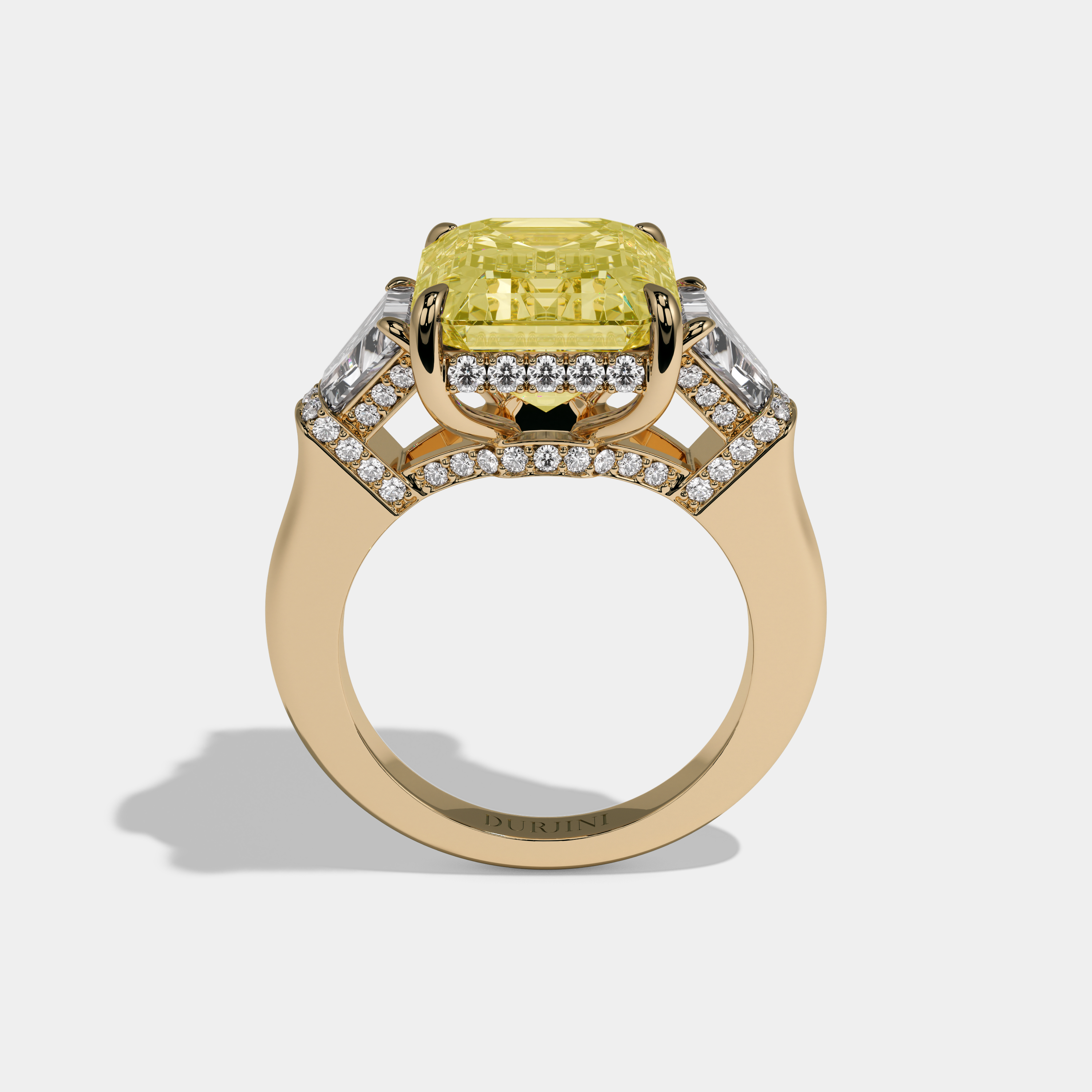 Elizabeth Fancy Yellow Emerald Cut Diamond Plain Band With Quad Cut Sides Engagement Ring 10ct 18K Yellow Gold
