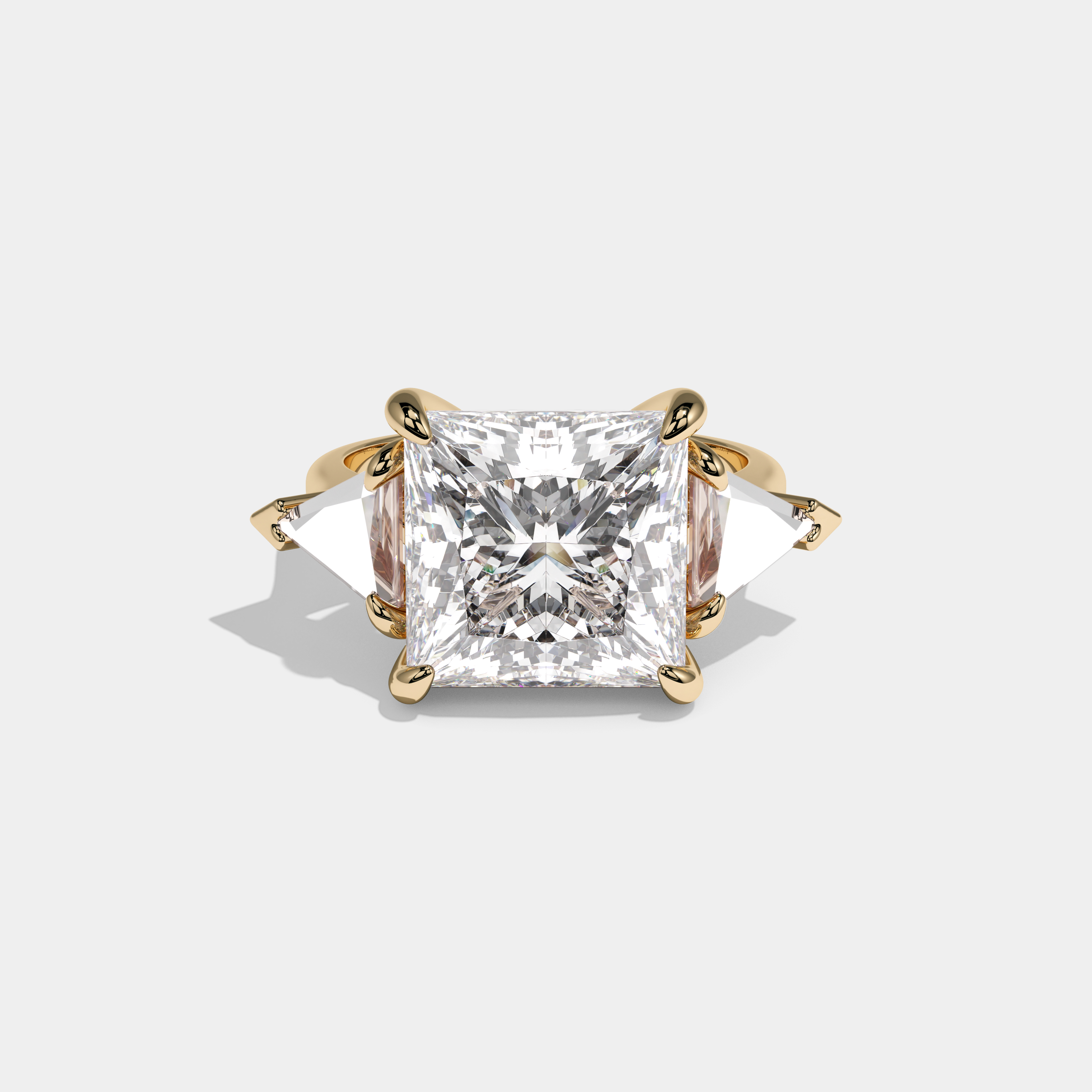 Elizabeth Princess Cut Three Diamond Halo Plain Band Engagement Ring 10ct 18k Yellow Gold