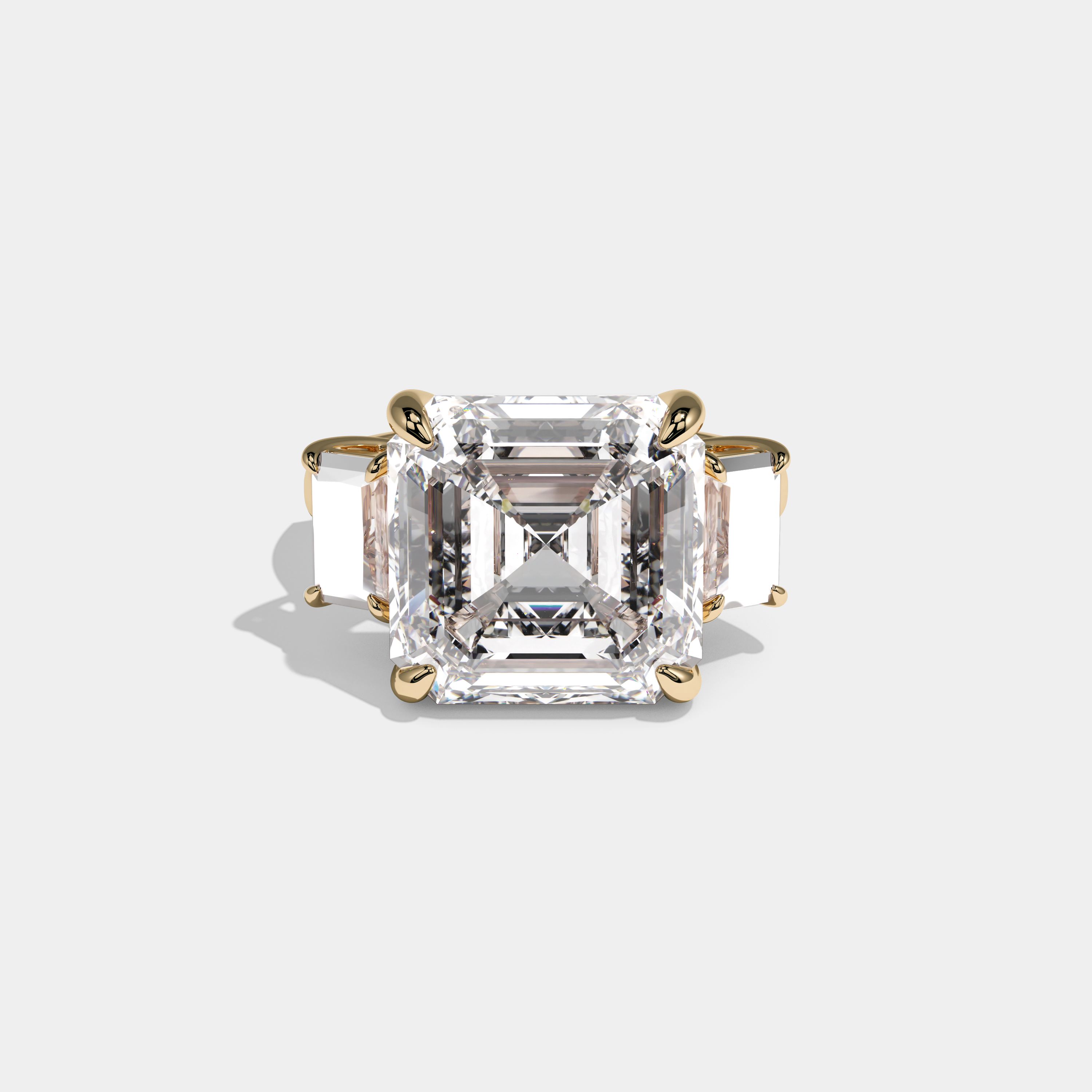 Victoria Asscher Cut Diamond with Emerald Sides Plain Band Engagement Ring 10ct 18k Yellow Gold