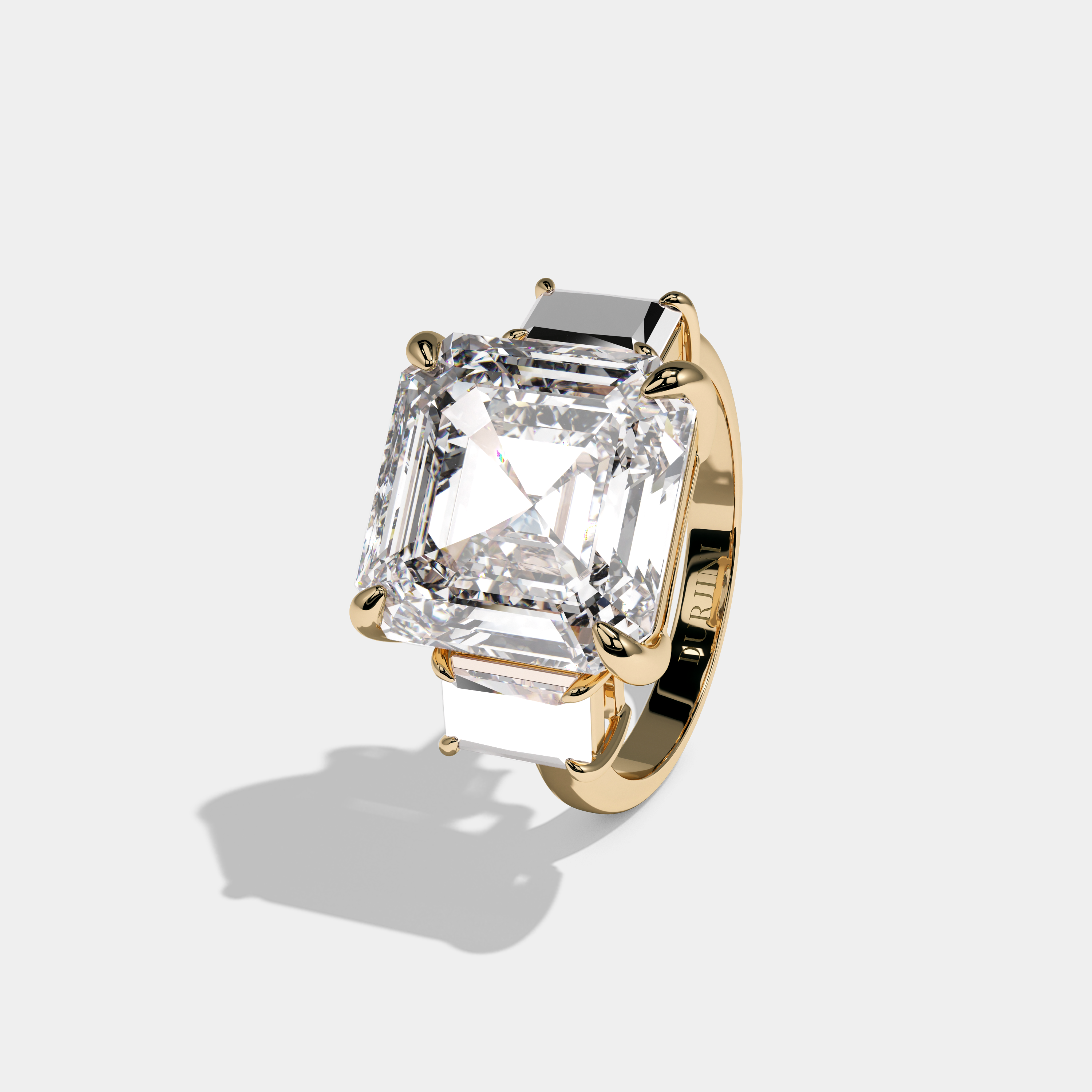 Victoria Asscher Cut Diamond with Emerald Sides Plain Band Engagement Ring 10ct 18k Yellow Gold