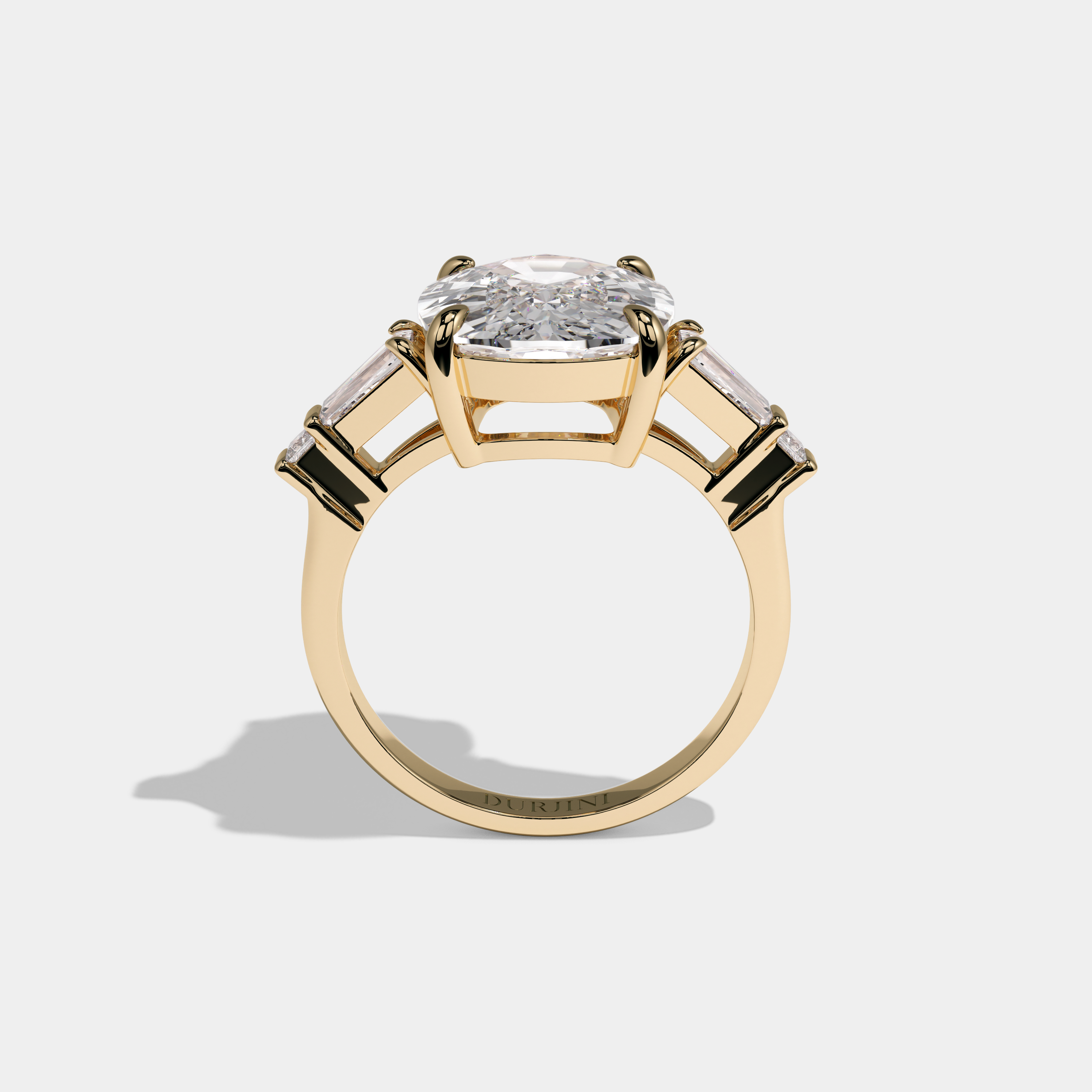 Elizabeth Cushion Brilliant Cut Diamond With Baguette Sides Plain Band Engagement Ring 10ct 18k Yellow Gold