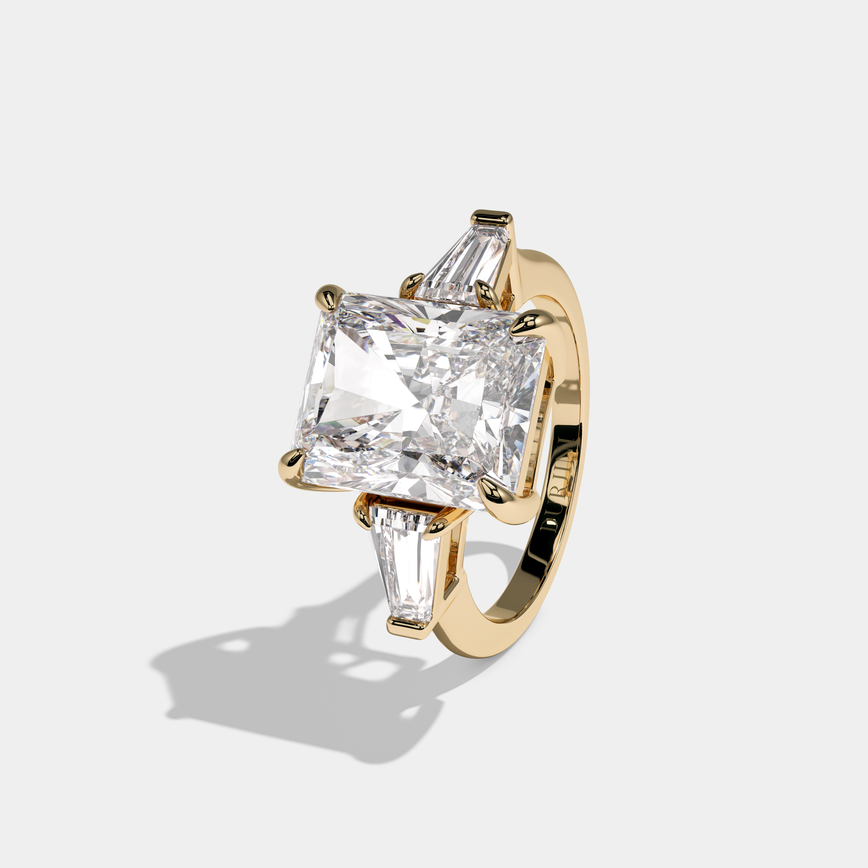 Victoria Radiant Brilliant Cut Diamond With Baguette Sides Plain Band Engagement Ring 10ct 18k Yellow Gold