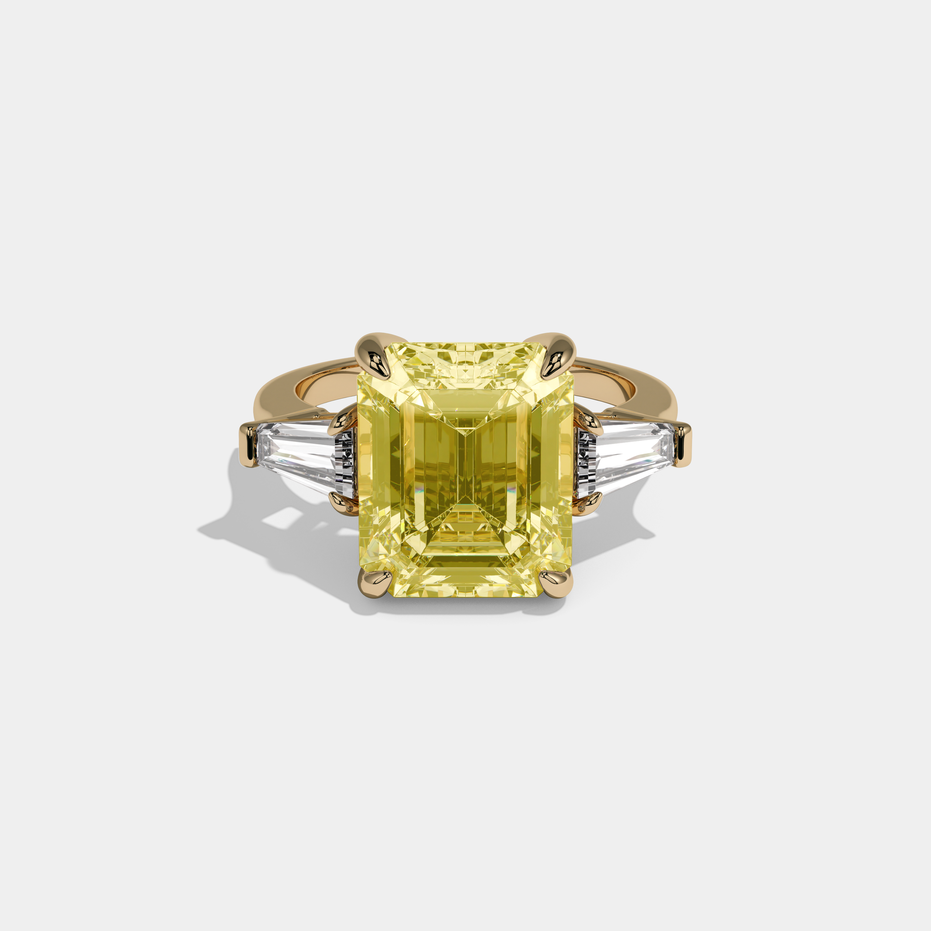Diana Fancy Yellow Emerald Cut Diamond Plain Band With Tapered Baguette Cut Sides Engagement Ring 8ct 18K Yellow Gold