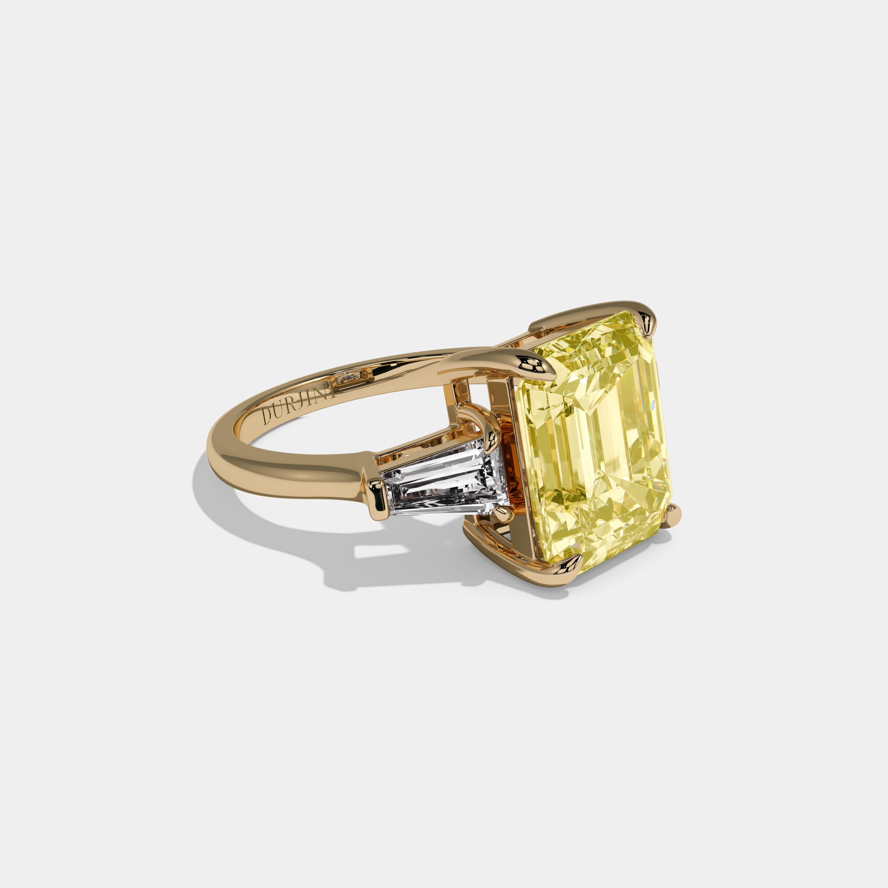 Diana Fancy Yellow Emerald Cut Diamond Plain Band With Tapered Baguette Cut Sides Engagement Ring 8ct 18K Yellow Gold