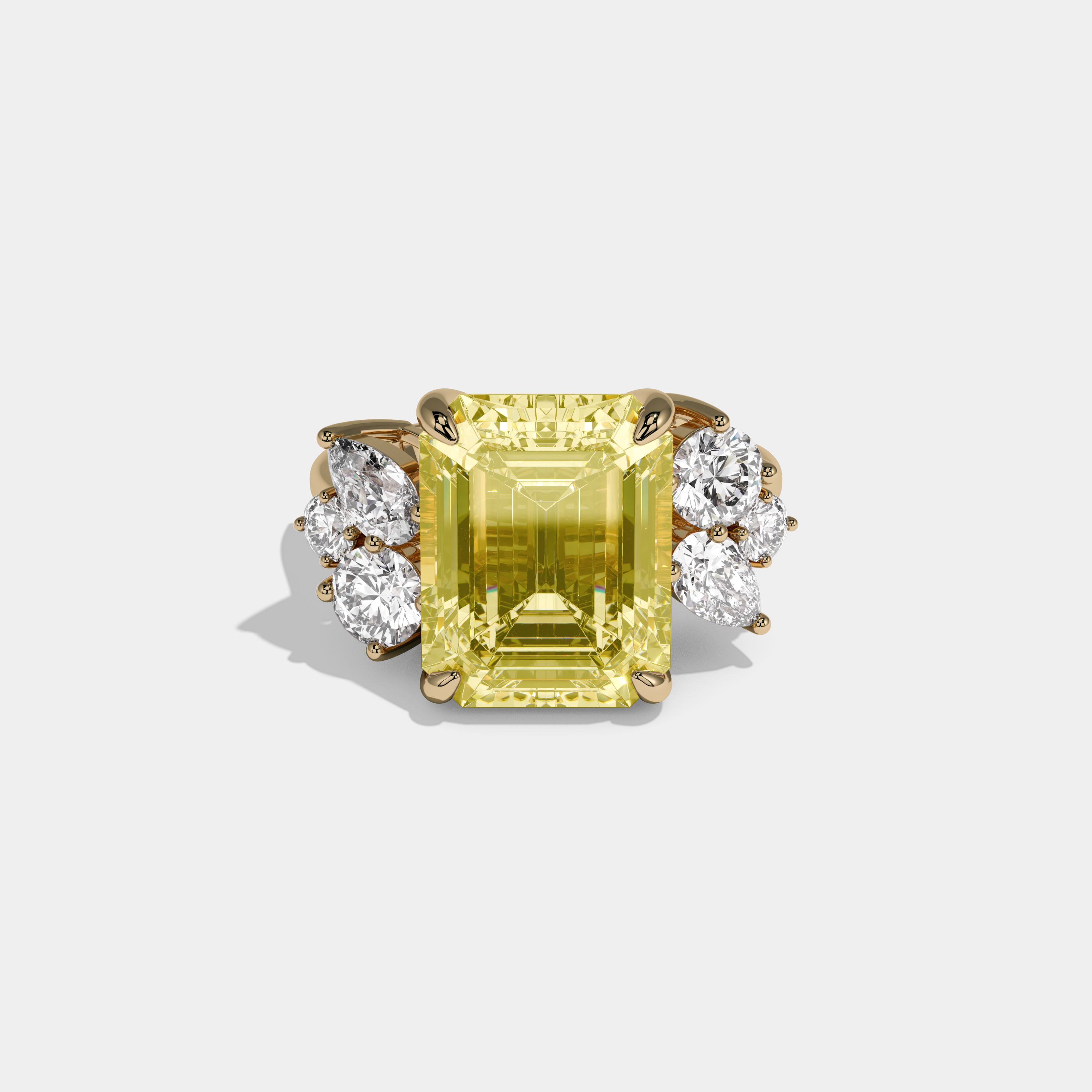 Victoria Fancy Yellow Emerald Cut Diamond Plain Band With Round Cut Sides Engagement Ring 10ct 18K Yellow Gold