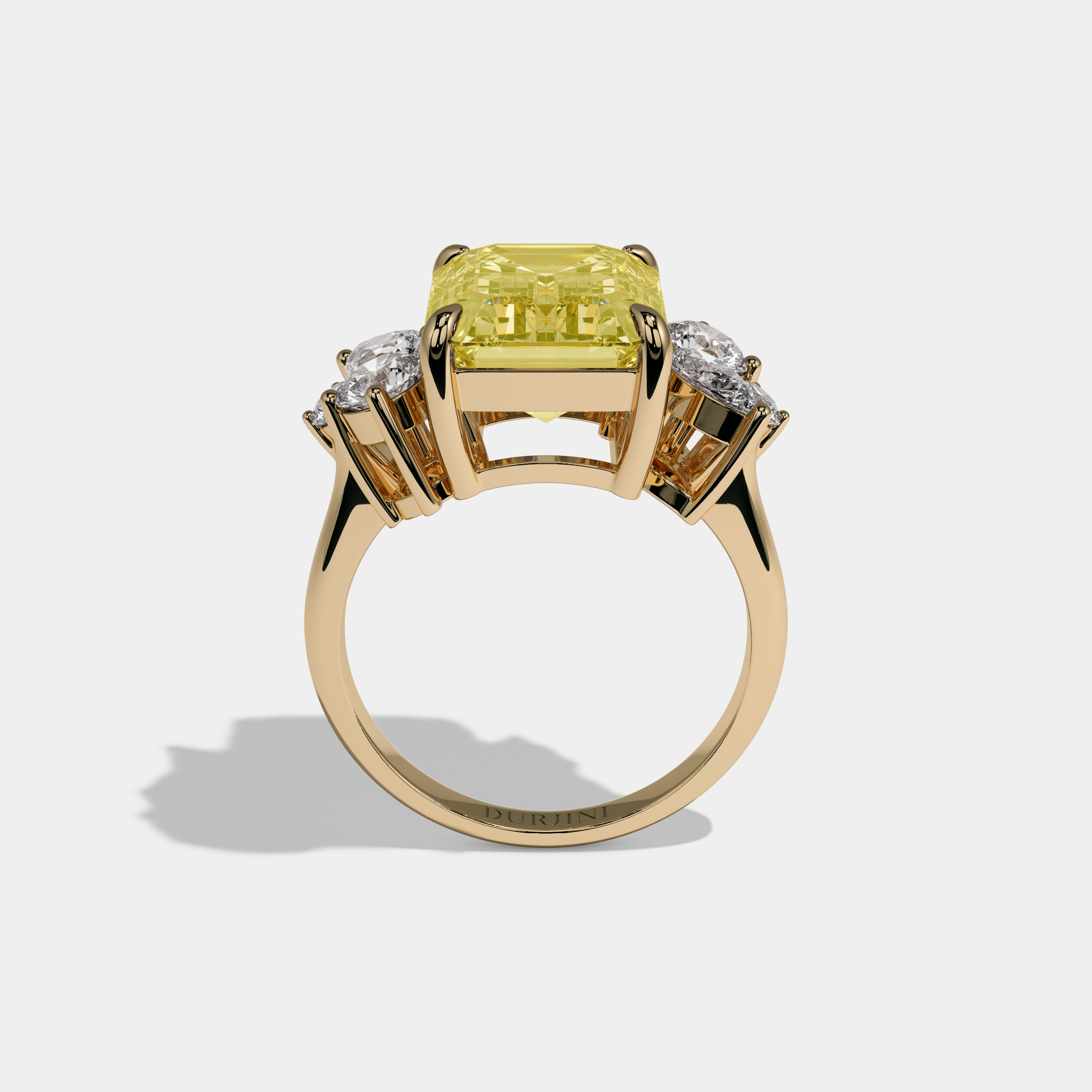 Victoria Fancy Yellow Emerald Cut Diamond Plain Band With Round Cut Sides Engagement Ring 10ct 18K Yellow Gold