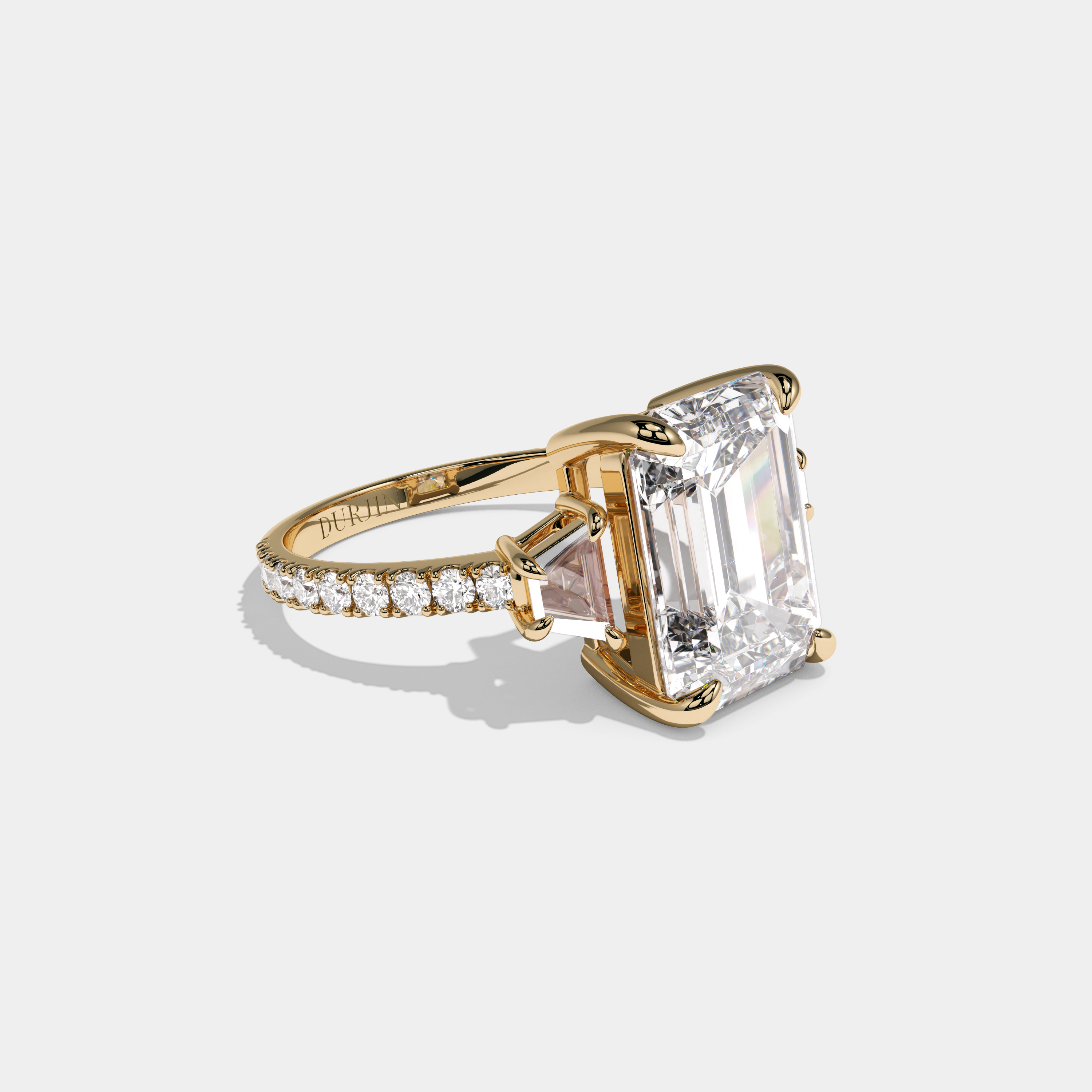 Catherine Emerald Cut Diamond With Trapezoid Cut Sides and Diamond Band Engagement Ring 10ct 18k Yellow Gold