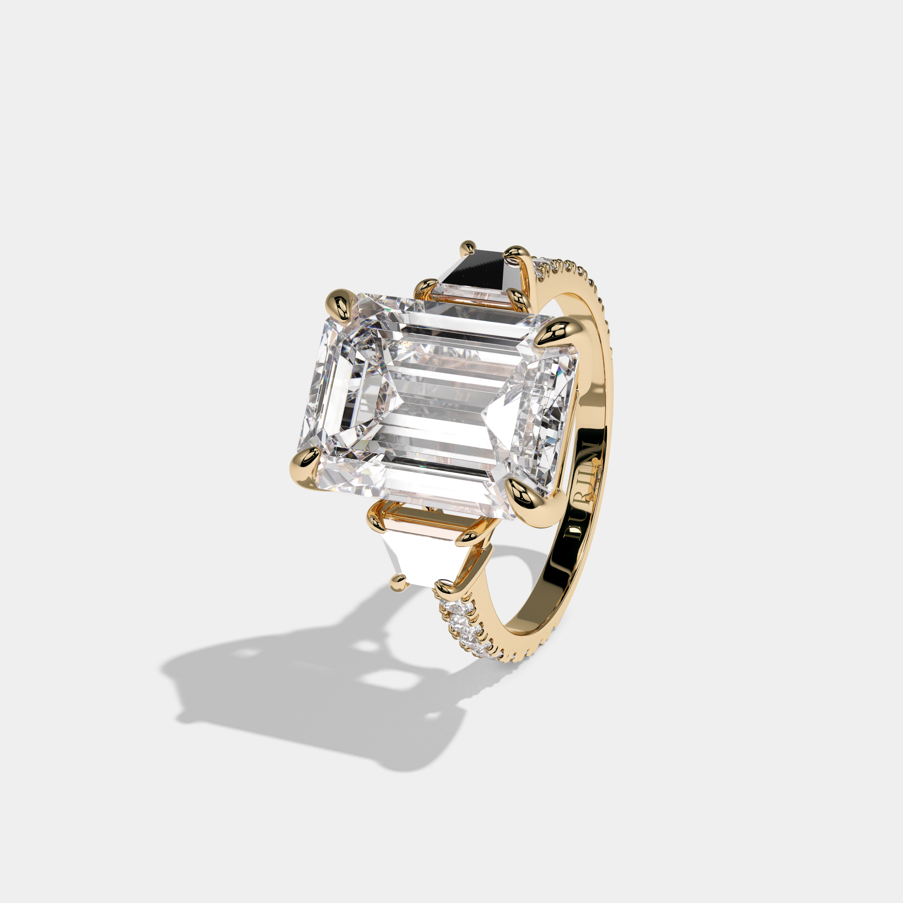 Catherine Emerald Cut Diamond With Trapezoid Cut Sides and Diamond Band Engagement Ring 10ct 18k Yellow Gold