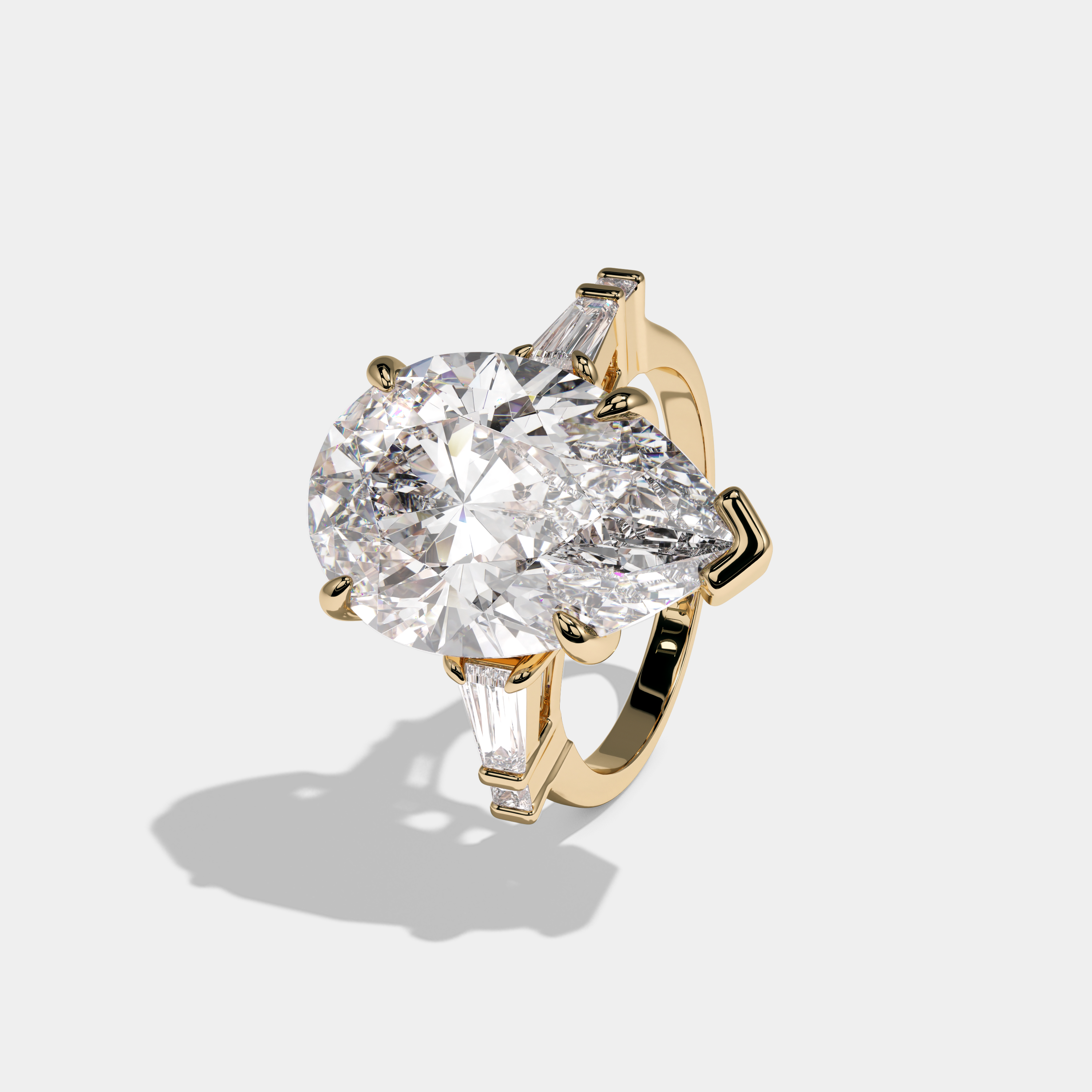Arabella Pear Cut Diamond Plain Band With Baguette Side Engagement Ring 10ct 18k Yellow Gold