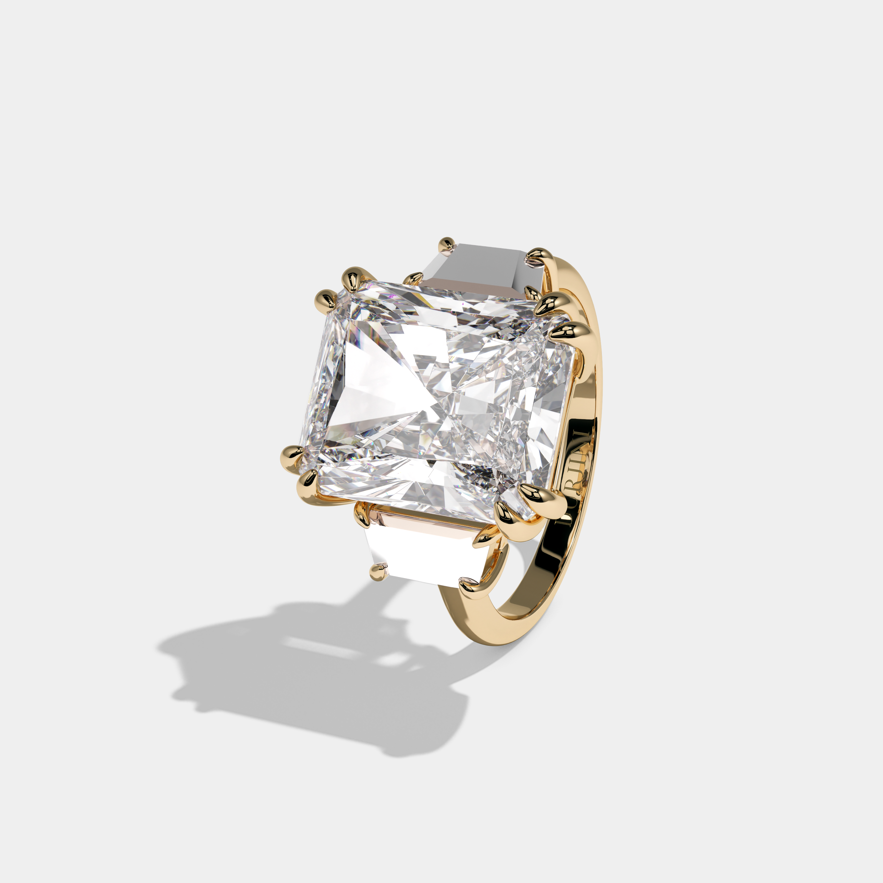 Alexandra Radiant Cut Diamond Halo Plain Band With Trapezoid Side Diamond Engagement Ring 10ct 18k Yellow Gold